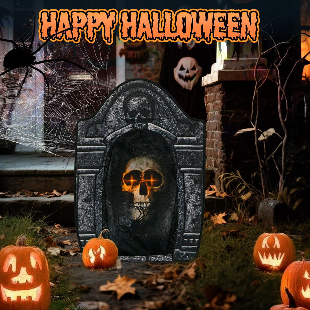 Wondiair 41" Halloween Skull Tombstone with Glowing LED Eyes, Foldable Outdoor Graveyard Decoration for Yard, Lawn, Cemetery & Haunted House
