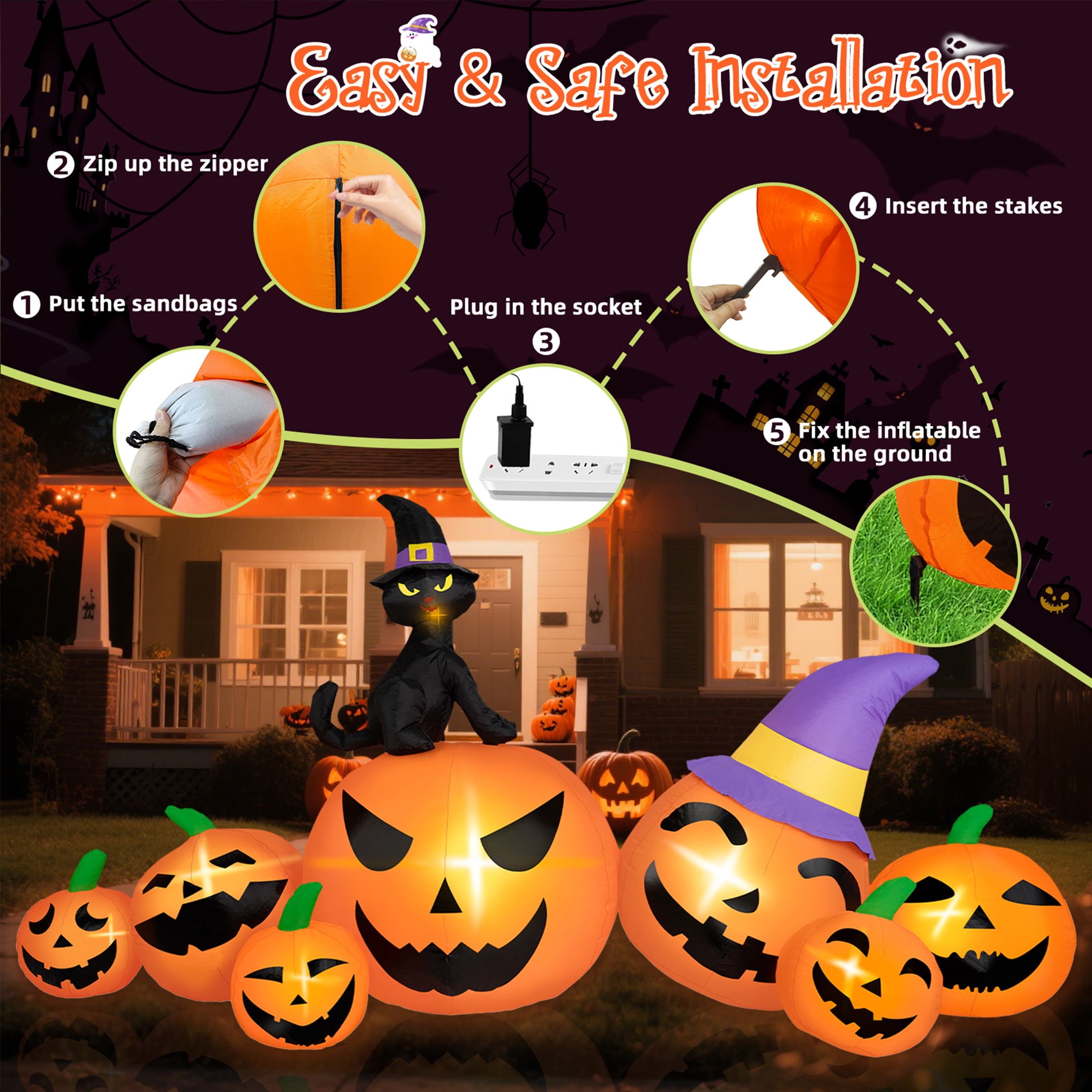 B&D 8FT Long Halloween Inflatables Pumpkin, Blow Up Pumpkins Inflatables with Witch Hat & Black Cat Built-in LED Lights for Halloween Party Yard Garden Lawn Decor