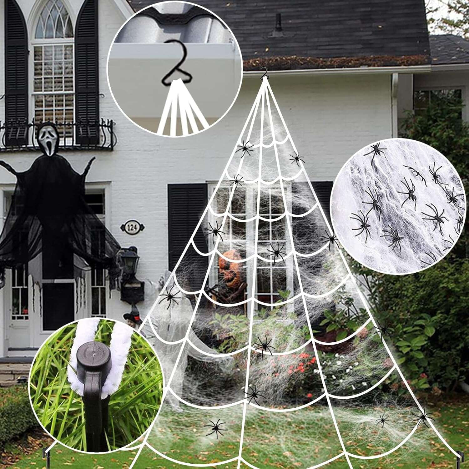Coolmade Halloween Giant Spider Web Lights Decorations Outdoor, 16.4ft 250 LED Lighted Spider Web Light up with 8 Modes with 59" Giant Spider for Yard House Decor