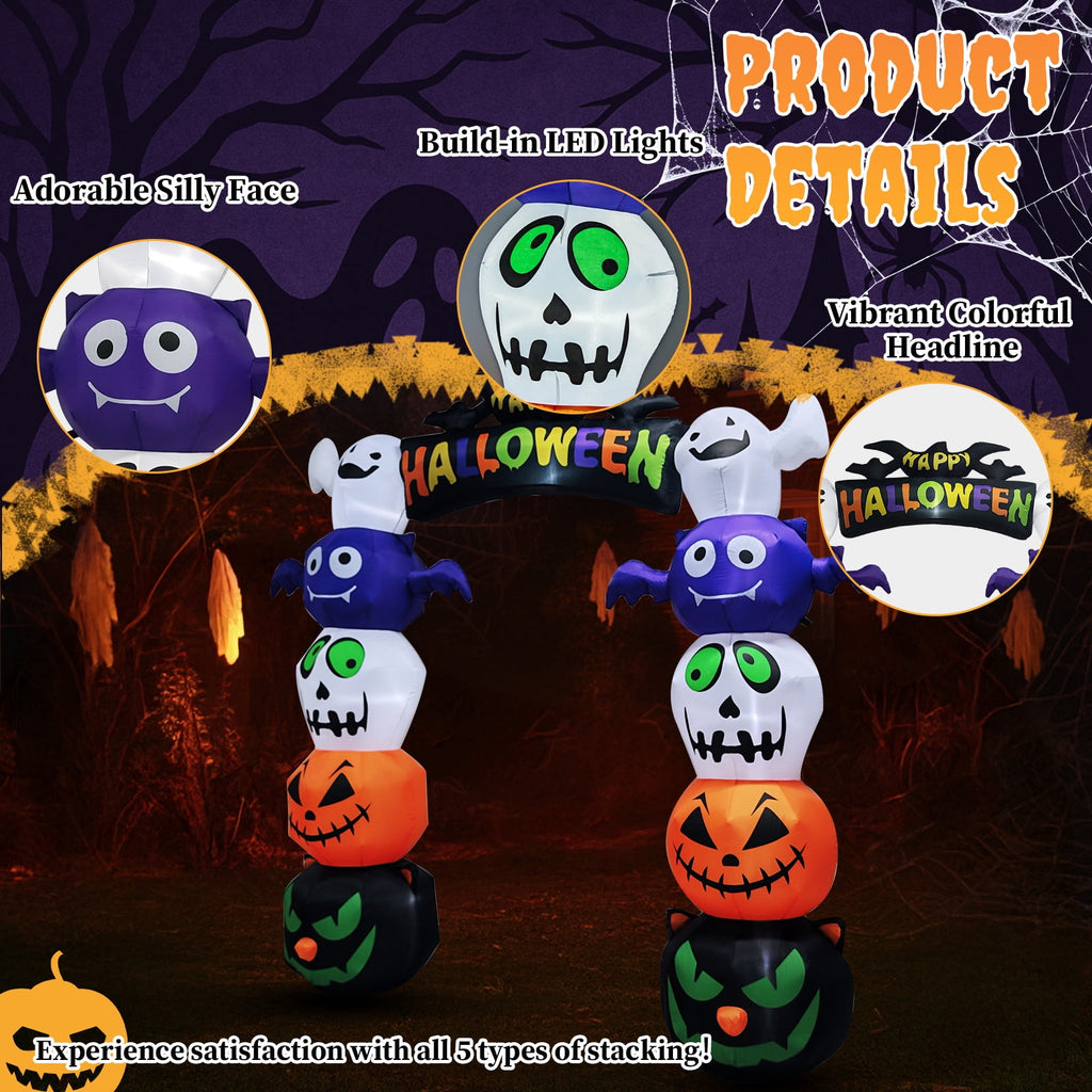 8.2' Halloween Inflatables Pumpkin Ghost Archway, Blow up Hallowee Decorations with Built-in LED Lights for Holiday