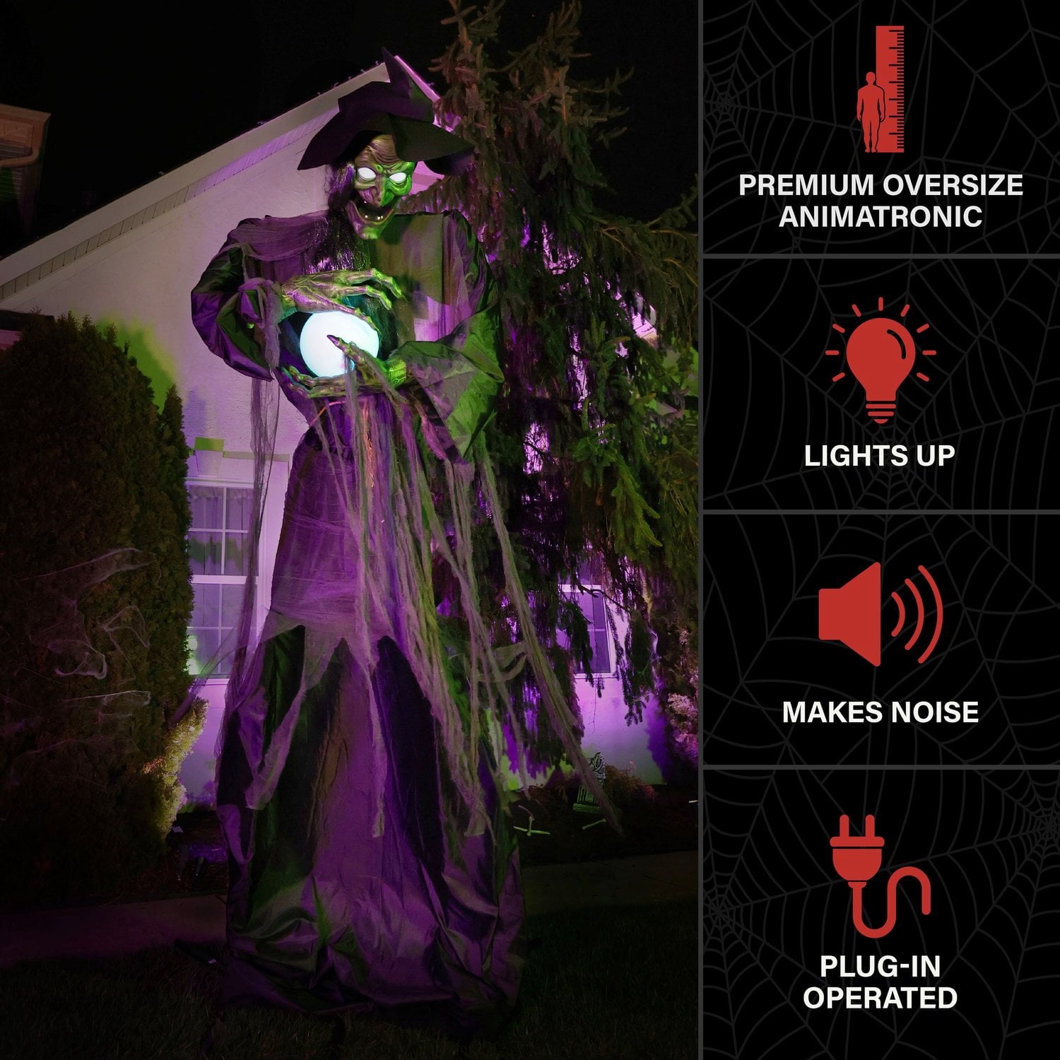 Towering Witch Halloween Animatronic with Glowing Eyes & Magic Ball, 9.8-Ft