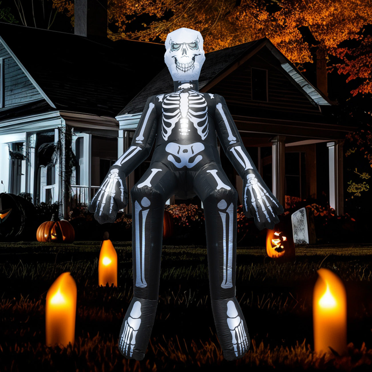 Halloween Inflatables Outdoor Decorations, 10.5FT Sitting Skeleton Halloween Outdoor Inflatables Decorations Skeleton Blow Up Built in Lights Air Pump for Halloween Party Yard Garden Party Supplies