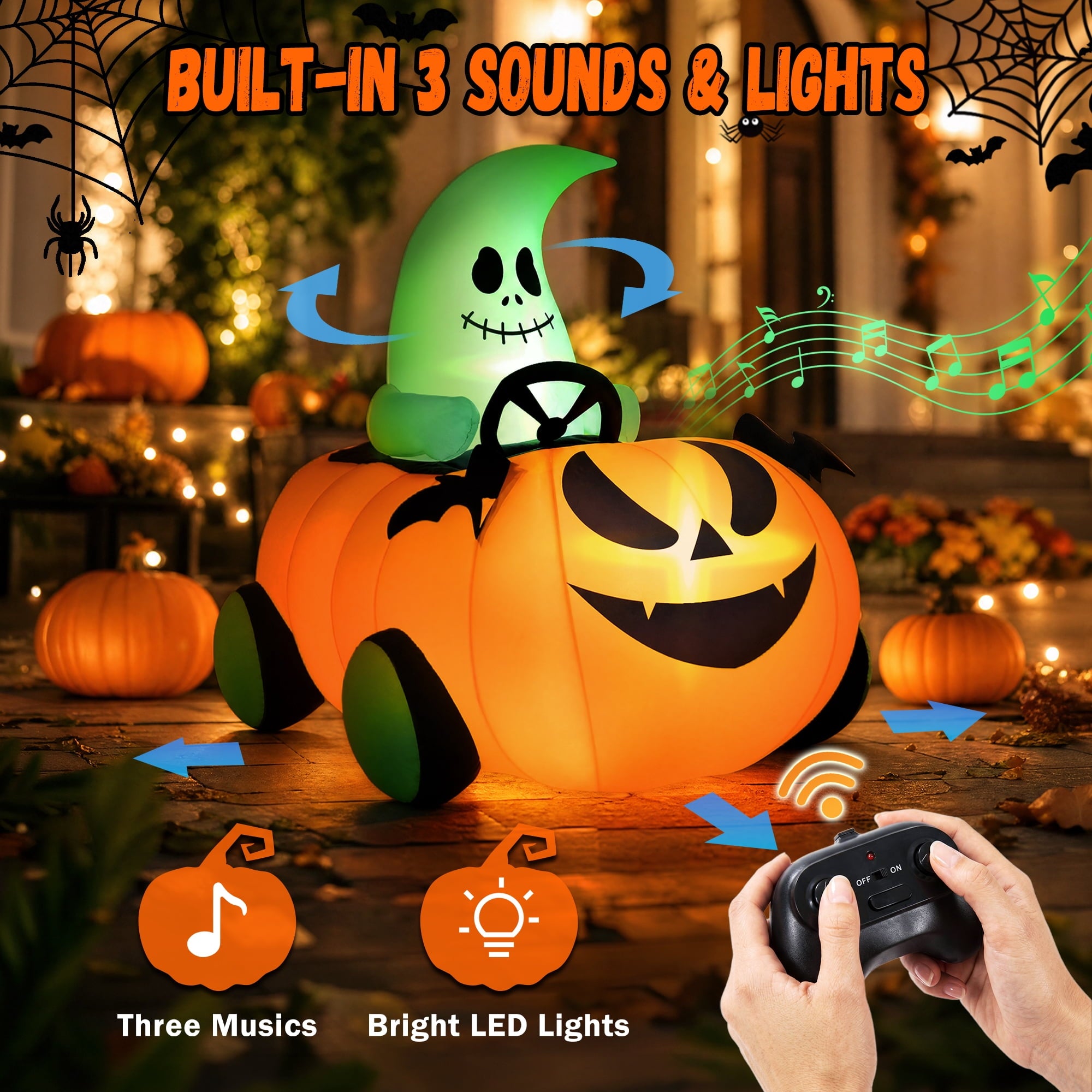 2.6ft Halloween Inflatable with Music and Lights,Remote Control Pumpkin Ghost Car,Blow ups Rc Car,Indoor Outdoor,Orange Green
