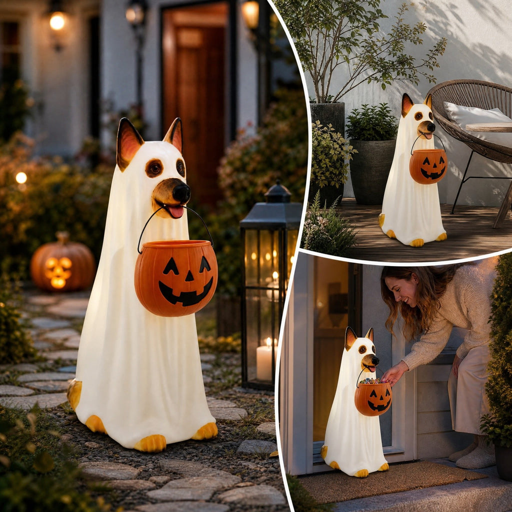 Clearance! Halloween Ghost Dog Statue with Pumpkin Candy Bowl, 14" LED Ghost German Shepherd Blow-Molded Figurine Outdoor, Halloween Candy Holder Decoration Gift for Porch Yard Patio Indoor