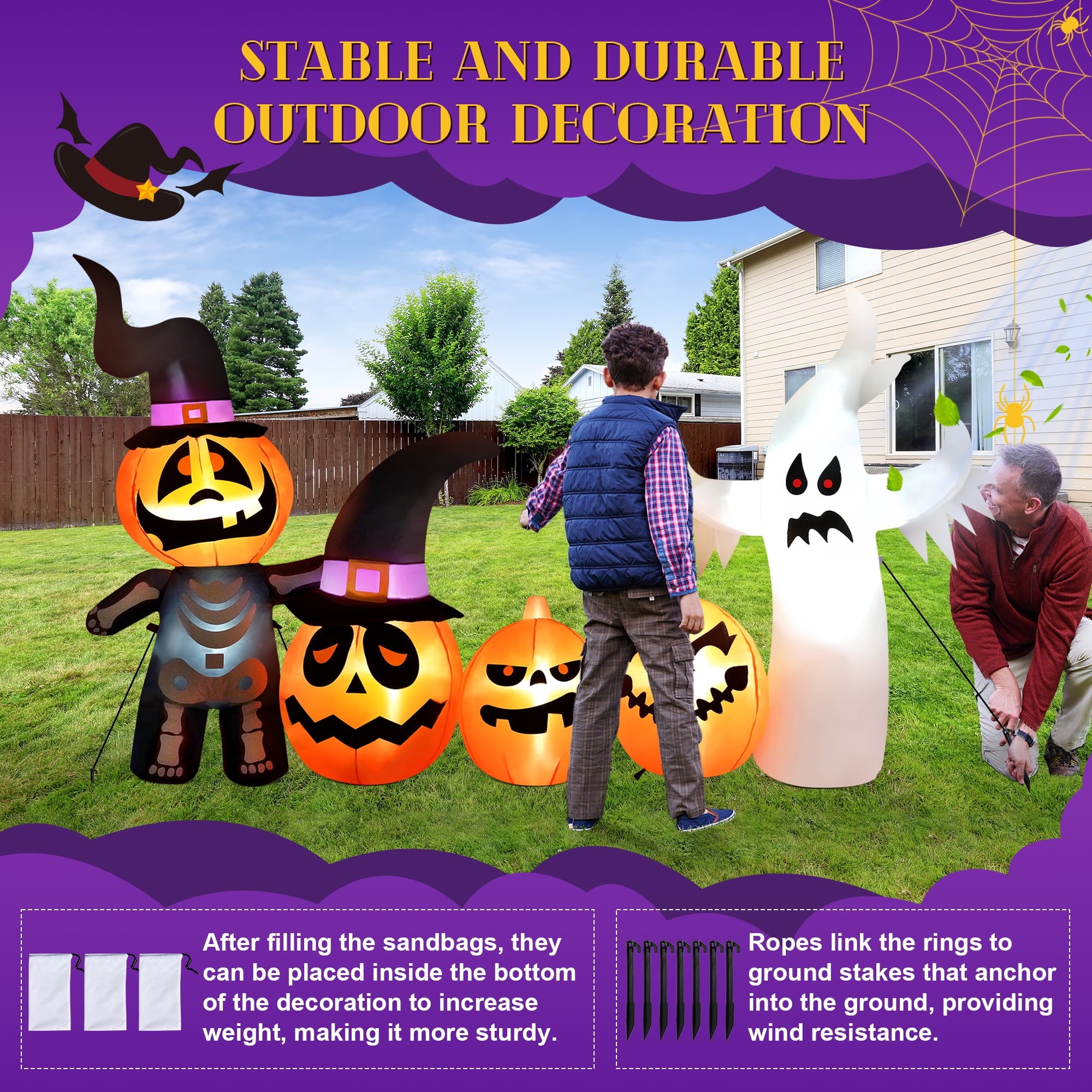Vrilay Halloween Inflatables, 7 FT Long 4 Pumpkins with Cute White Ghost Outdoor Decorations, Built-in LEDs, Blow Up Party, Waterproof Yard, Garden, Lawn Decor