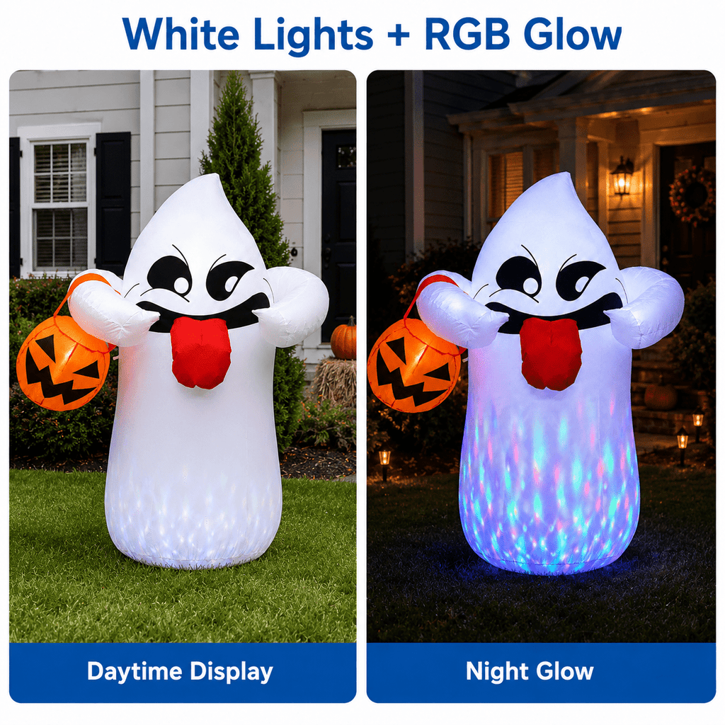 5FT Halloween Inflatable Ghost Holding Pumpkin Lantern, Light-Up Blow Up Outdoor Yard Decoration with RGB LED Lights