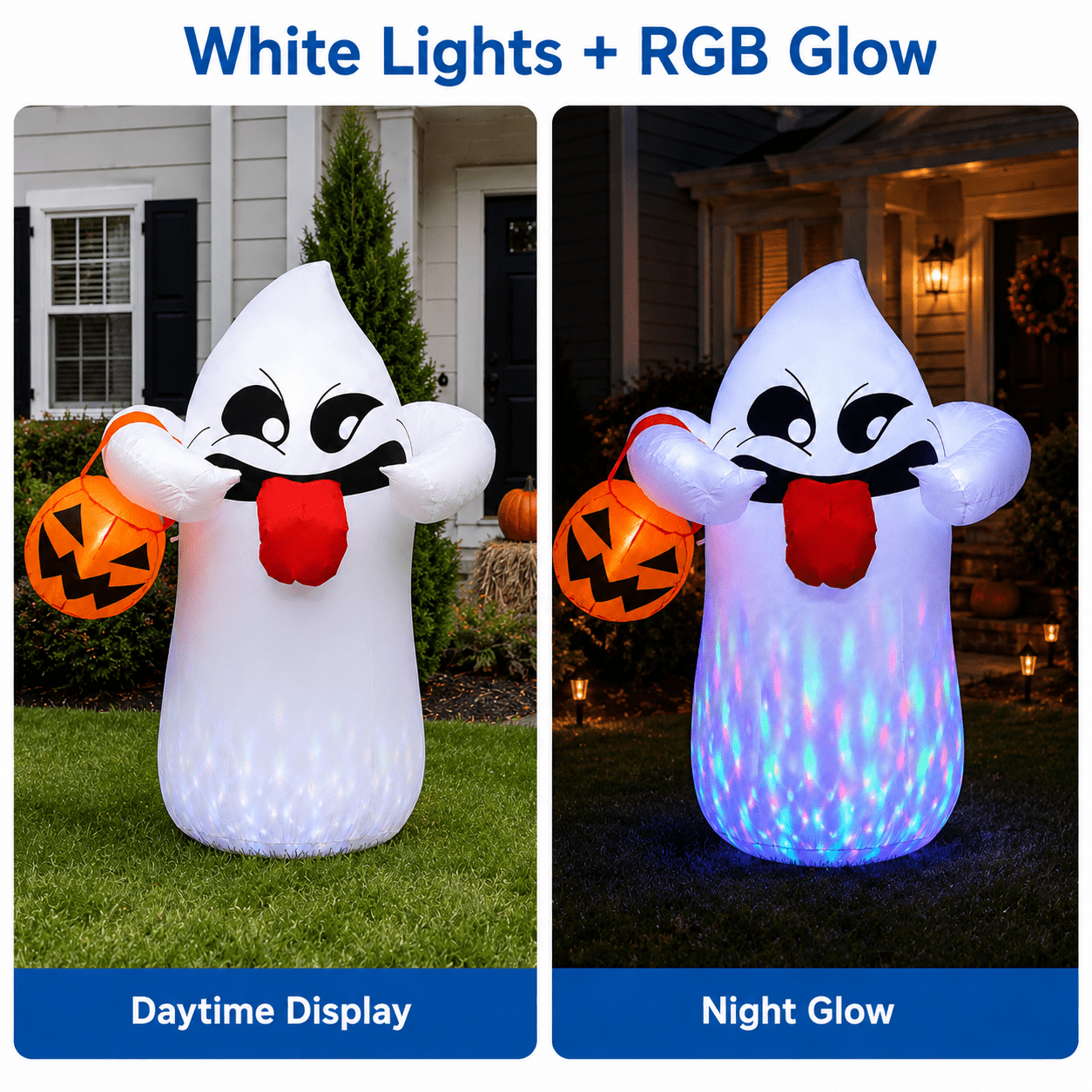 5FT Halloween Inflatable Ghost Holding Pumpkin Lantern, Light-Up Blow Up Outdoor Yard Decoration with RGB LED Lights
