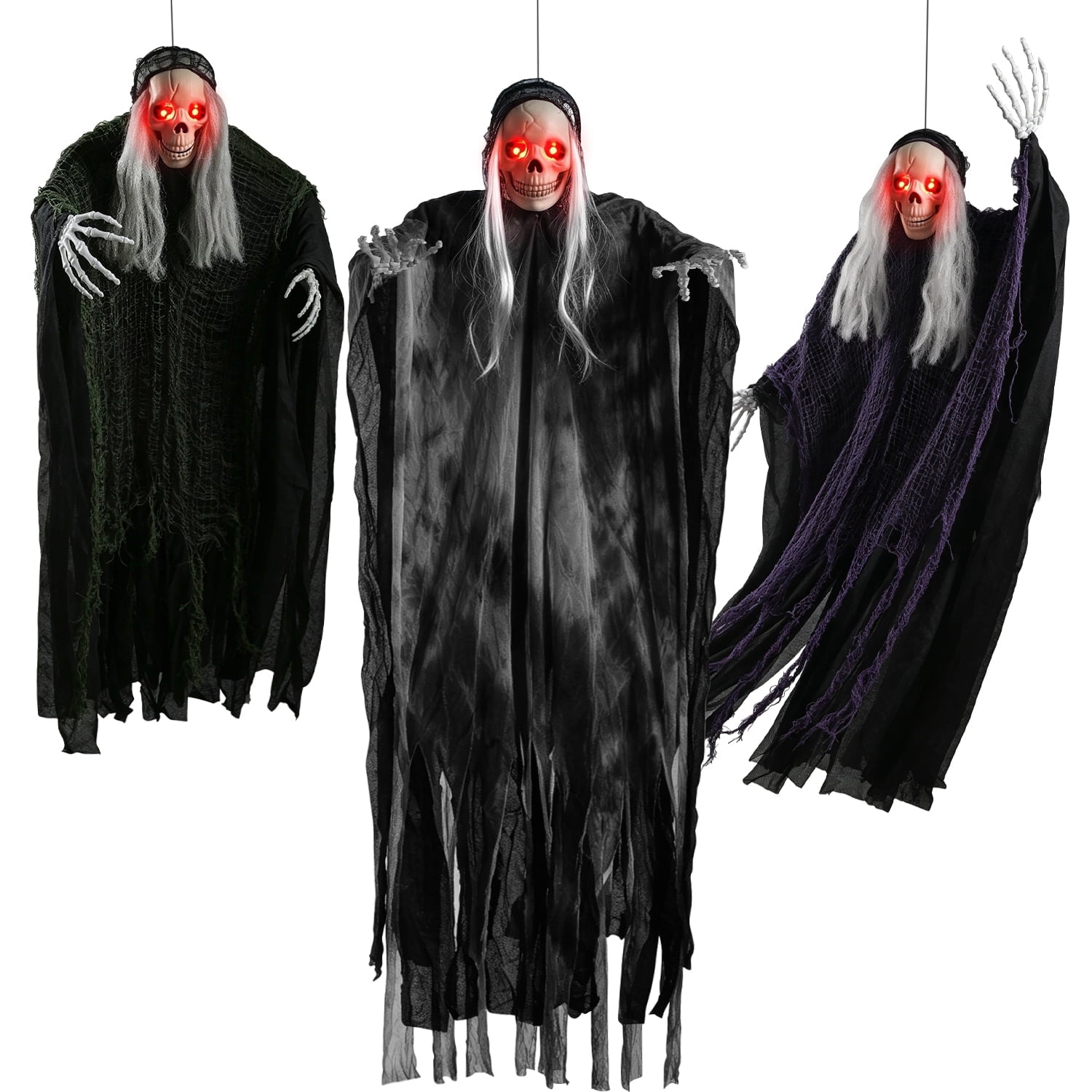 3 Pack Hanging Skeleton Ghosts for Halloween Decorations Outdoor, Grim Reaper for Halloween Decor