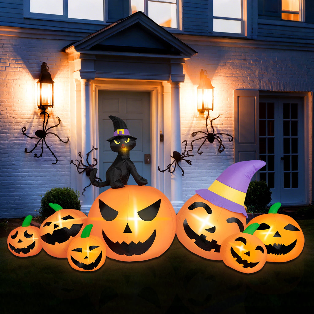 B&D 8FT Long Halloween Inflatables Pumpkin, Blow Up Pumpkins Inflatables with Witch Hat & Black Cat Built-in LED Lights for Halloween Party Yard Garden Lawn Decor