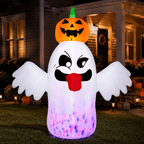 6FT Halloween Inflatable Ghost with Pumpkin Head, Light-Up Blow Up Outdoor Yard Decoration with White and RGB LED Lights