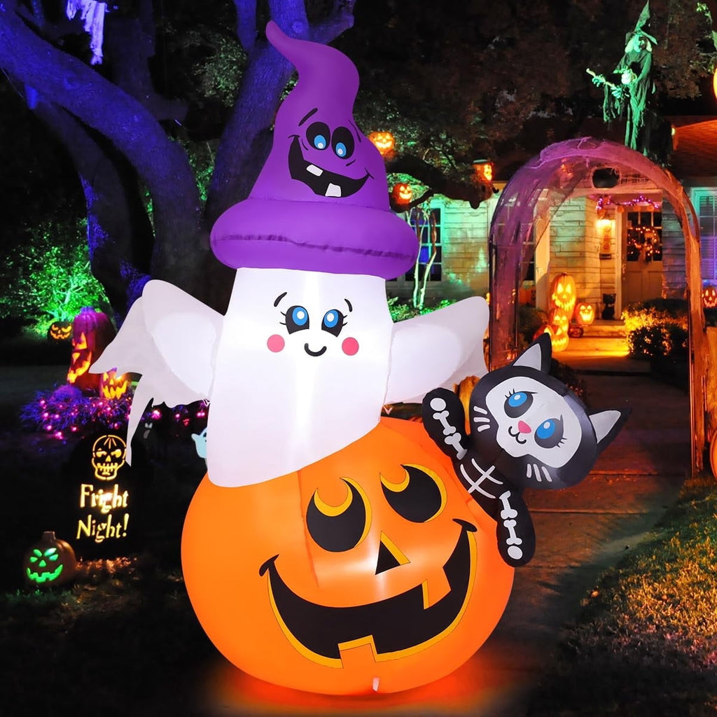 COMIN 5 FT Halloween Inflatables Pumpkin Ghost Cat Outdoor Decorations Blow Up Yard with Built-in LEDs for Indoor Party Garden Lawn Decor