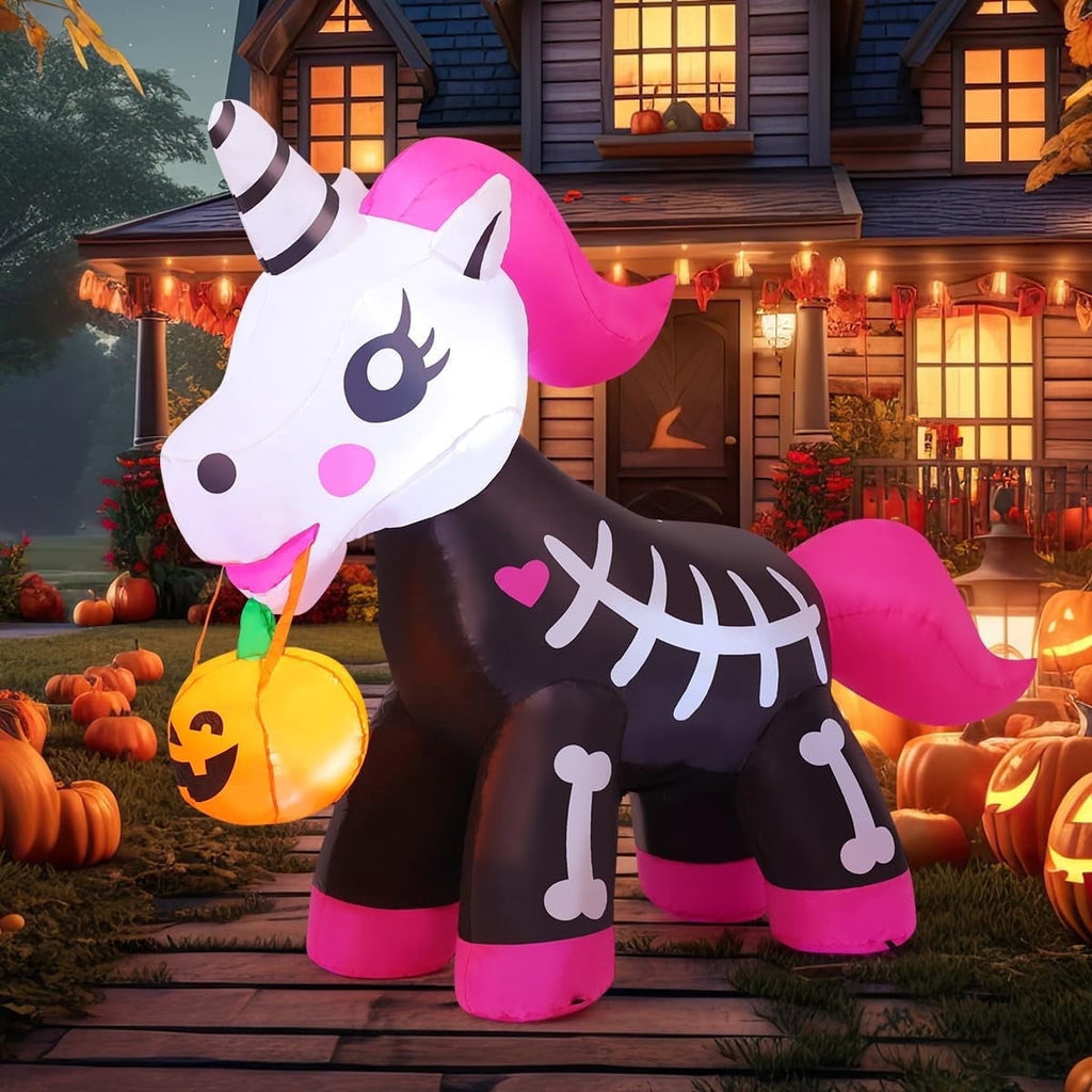 COMIN 5 FT Halloween Inflatables Skeleton Unicorn Outdoor Decorations Blow Up Yard Pink Cute with Built-in LEDs for Indoor Party Garden Lawn Decor