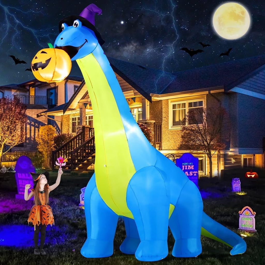 COMIN Halloween Inflatables 10 FT Tall Dinosaurs Eating Pumpkin Blow Up Yard Decoration with Built-in LED for Yard Garden Party Lawn
