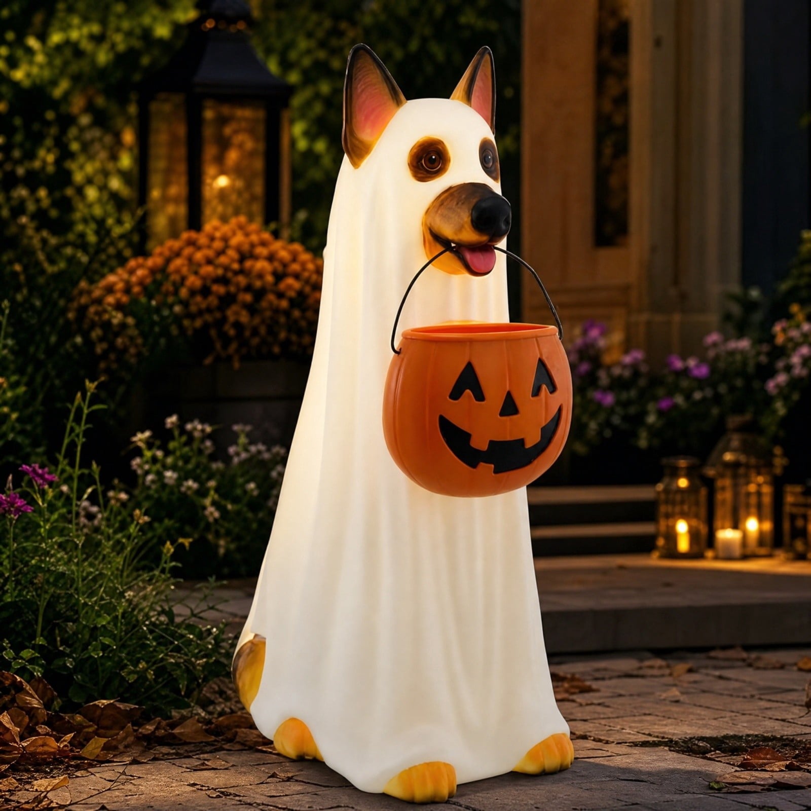 Spooky Yard™ Clearance! Halloween Ghost Dog Statue with Pumpkin Candy Bowl, 14" LED Ghost German Shepherd Blow-Molded Figurine Outdoor, Halloween Candy Holder Decoration Gift for Porch Yard Patio Indoor