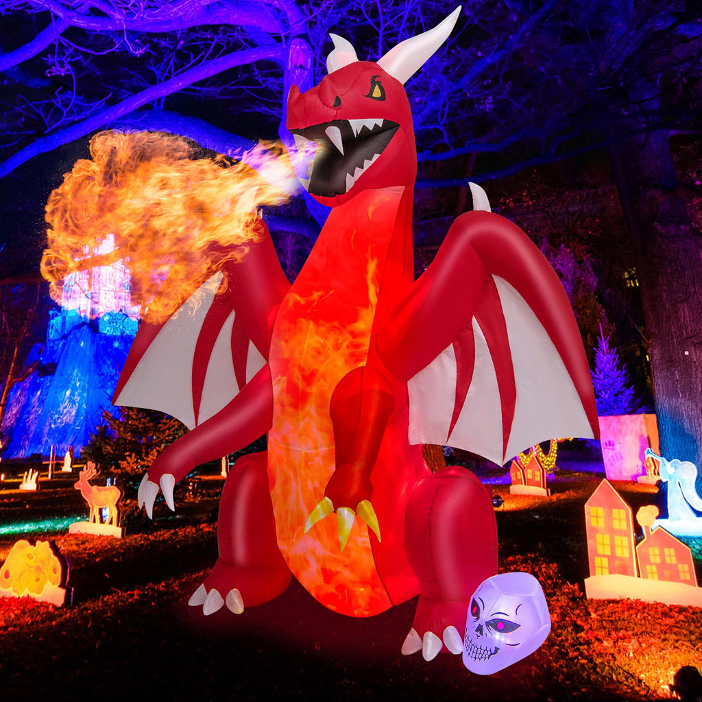Costway 8 FT Halloween Inflatable Red Dragon with Wings & Skull Holiday Decoration Light