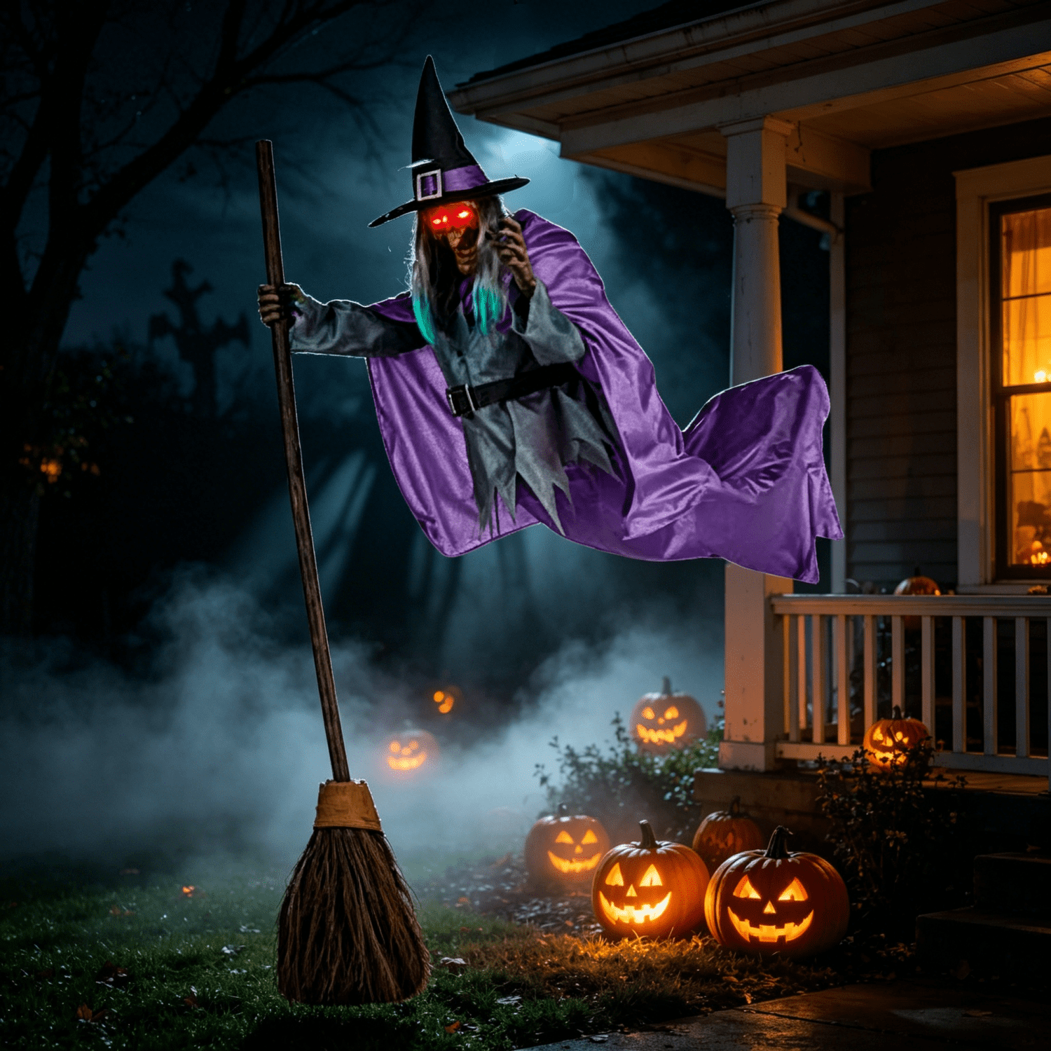 Witch Decorations Halloween 6 FT Scary Flying Witch Decorations Animatronics Halloween Props with Scary Sounds and Lights Decorations for Outside Indoor Garden Yard
