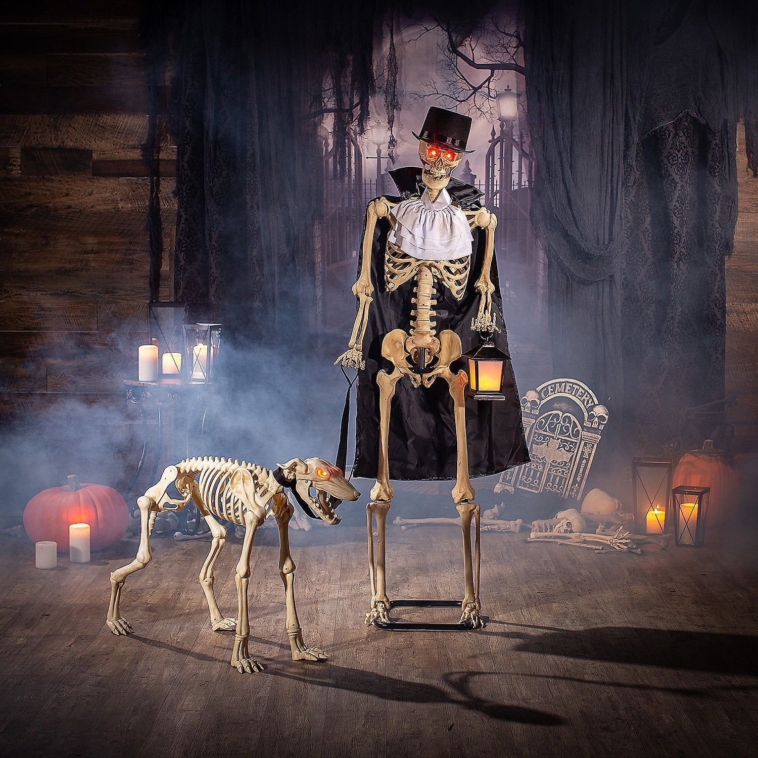 Fun Express Outdoor Animated Skeleton with Sound-Activated Light-Up Dog Halloween Decoration, 5ft & 3ft