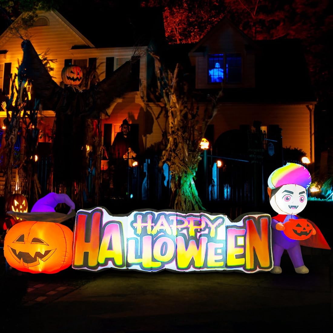 Halloween Inflatables 11.5 FT Long Vampire With Pumpkin, Outdoor Halloween Inflatables Halloween Blow Ups with LED Lights, Funny Halloween Decorations Inflatables for Halloween Holiday Party