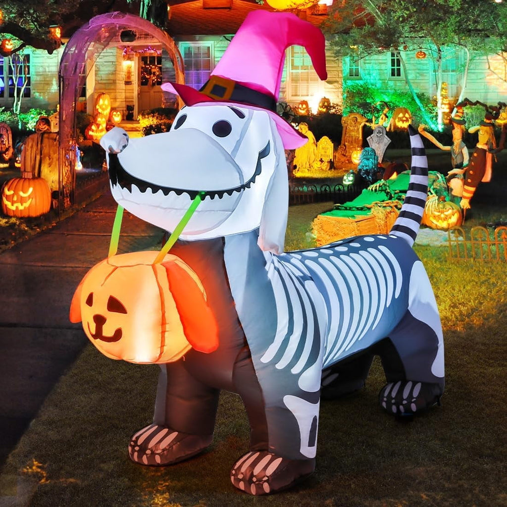 Halloween Inflatables 5.7 FT Halloween Skeleton Dog Inflatable, Halloween Skeleton Puppy Inflatable with Build-in LEDs, Outdoor Halloween Decorations Clearance for Halloween Holiday Party