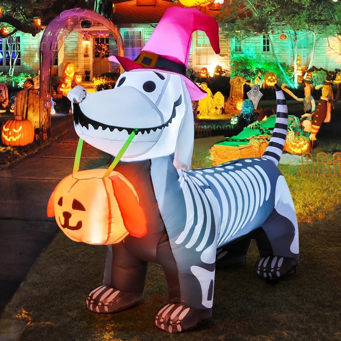 Halloween Inflatables 5.7 FT Halloween Skeleton Dog Inflatable, Halloween Skeleton Puppy Inflatable with Build-in LEDs, Outdoor Halloween Decorations Clearance for Halloween Holiday Party