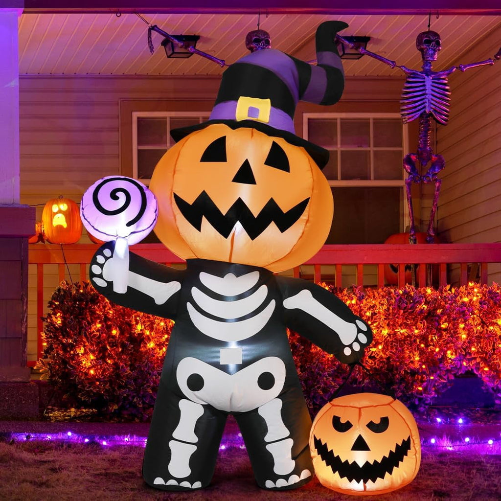 Halloween Inflatables 6 FT Halloween Pumpkin Inflatable with Skull Body, Scary Blow Up Halloween Pumpkin Decoration with LED Lights, Outdoor Halloween Decorations Clearance for Holiday Party