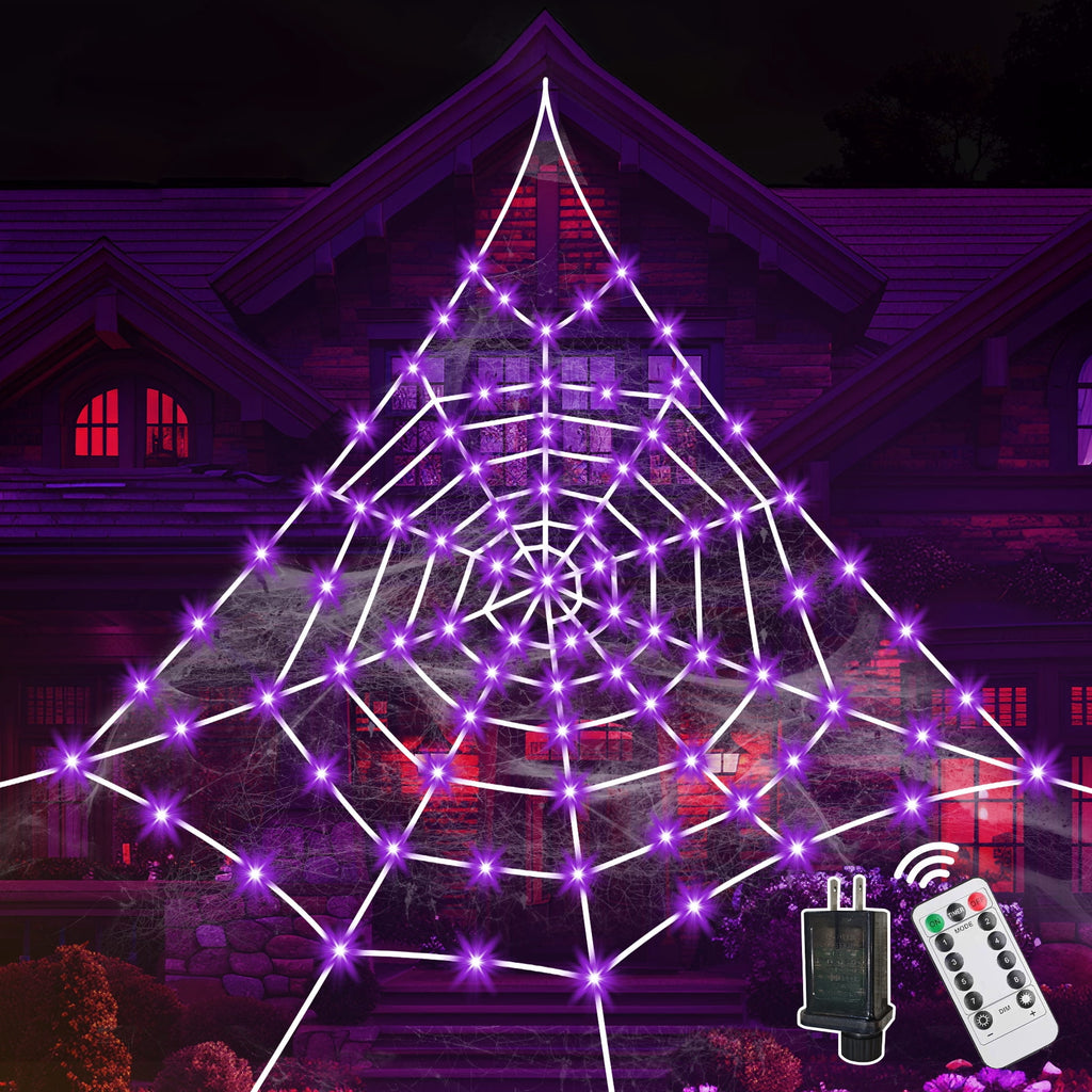 HKKDKTA Halloween Spider Web Lights Decoration, 250 LED Giant Spider Web 16.4ft Light Up Halloween Web Lights for Yard, Porch Decor (Purple)