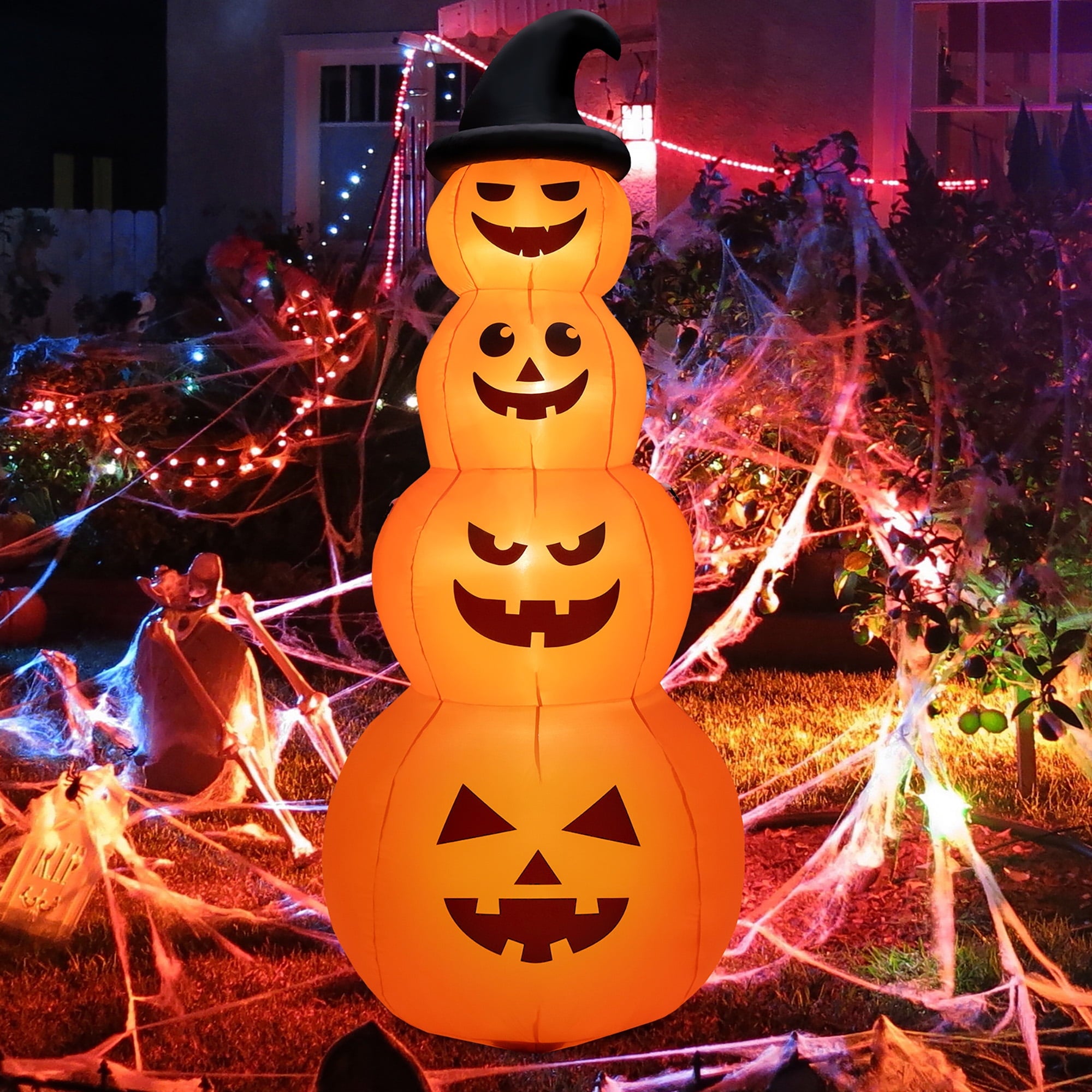 Gymax 8 ft Inflatable Halloween Pumpkins Stack Holiday Decor w/ Built-in LED Lights