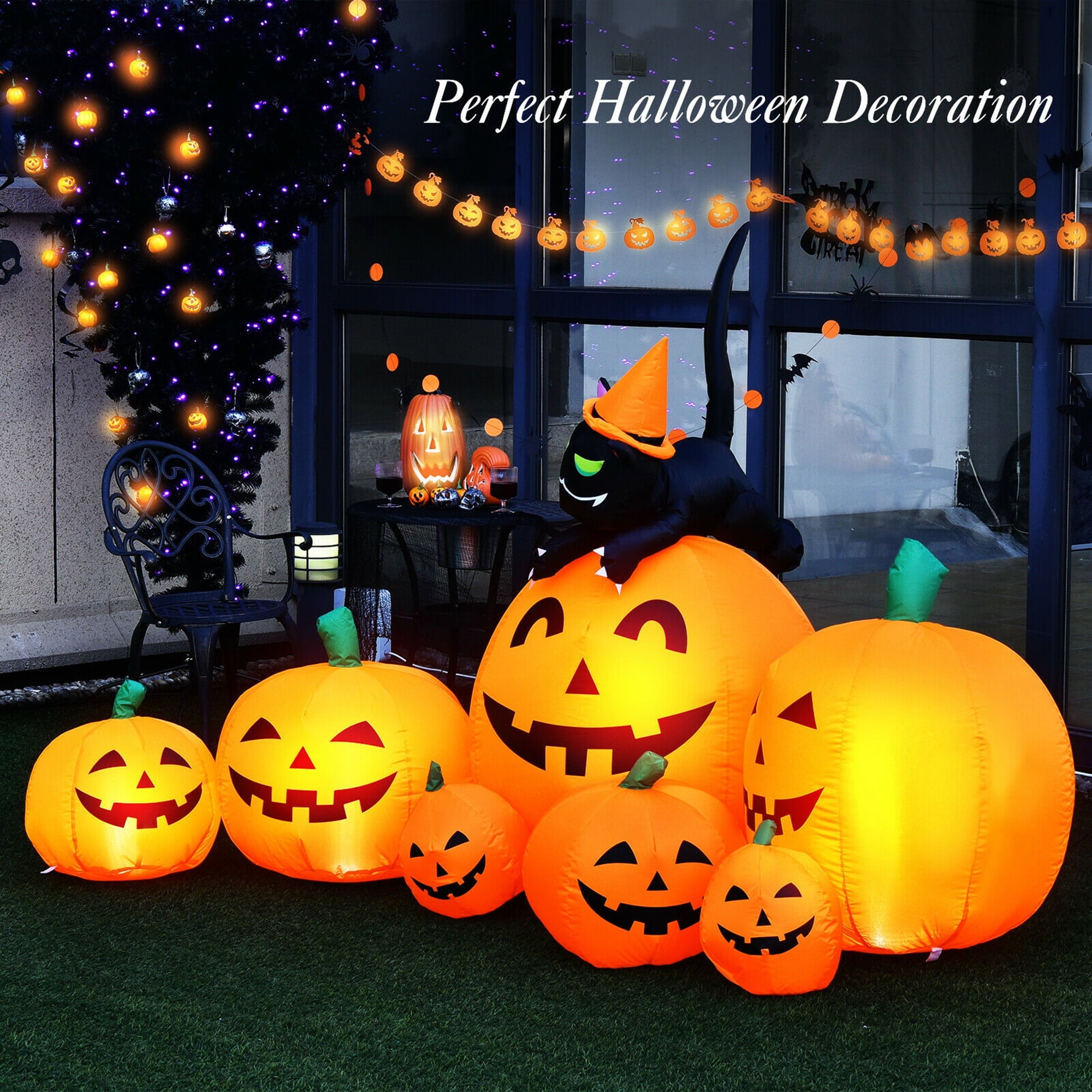 Gymax Inflatable Pumpkin Combo Halloween Decoration 7.5ft Length w/ LED Lights