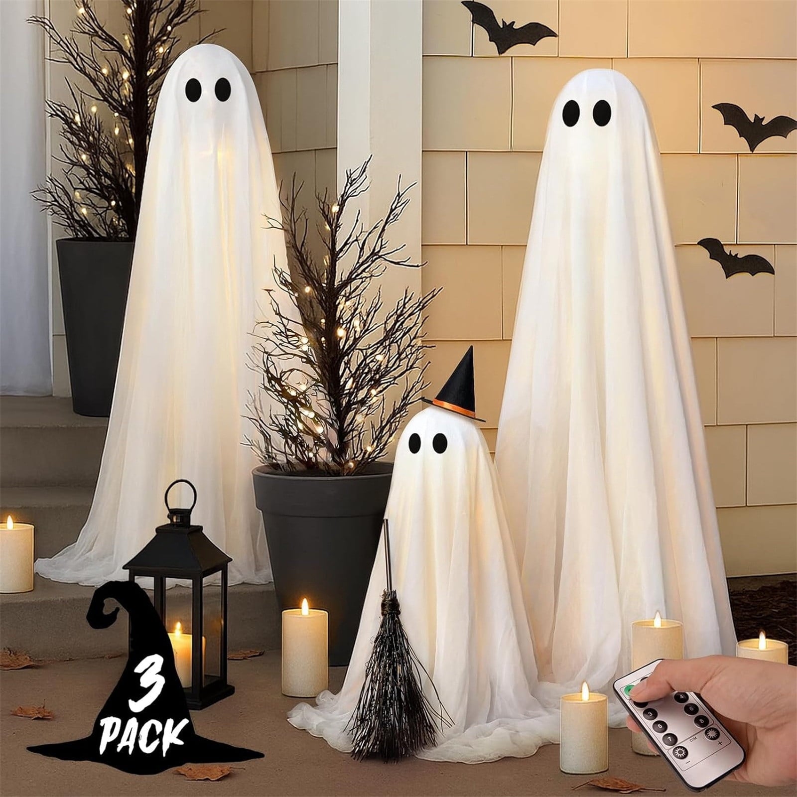 Halloween Decorations Outdoor - Set of 3 Light Up Spooky Ghosts Decoration with 8 Light Modes Timer Remote- Indoor Cute Party Ghost Decor for Yard Porch Lawn Home Front Door