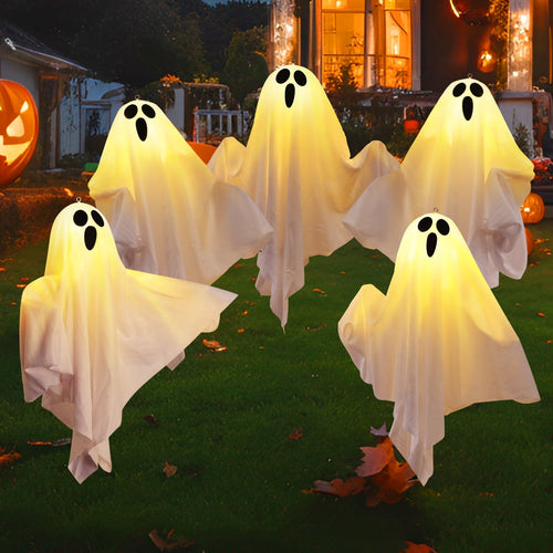 Halloween Decorations, Solar Garden Lights Outdoor, 5Packs Halloween Ghost Decorations Lights Indoor, Solar Scary Ghost Path Lights for Halloween Party Decor, Porches Yards Gardens Lawn, Warm White
