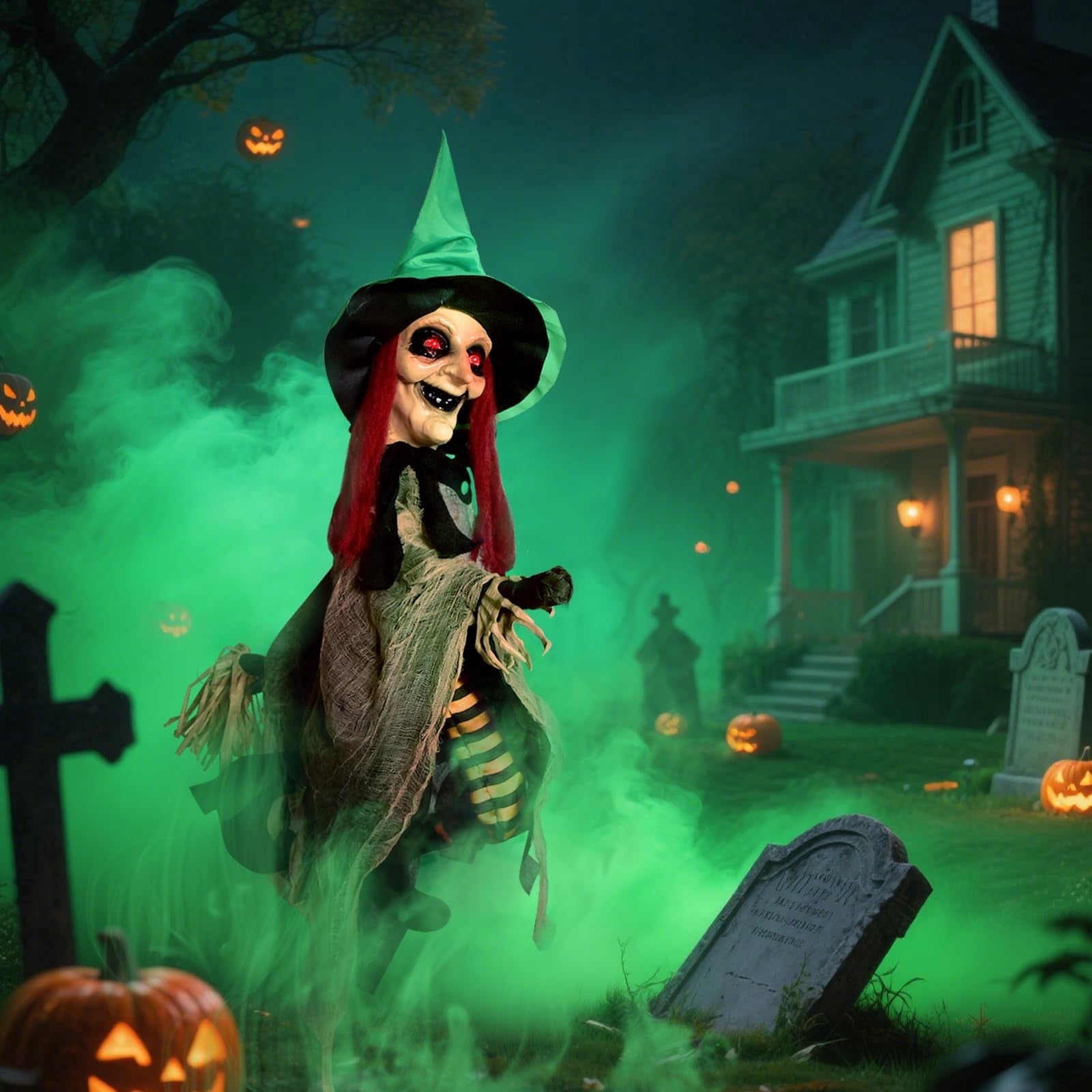 Halloween LED Light-Up Flying Witch on Broomstick, Realistic Sound & Motion, Scary Animated Decoration with Kicking Legs for Yard, Party, Haunted House Green