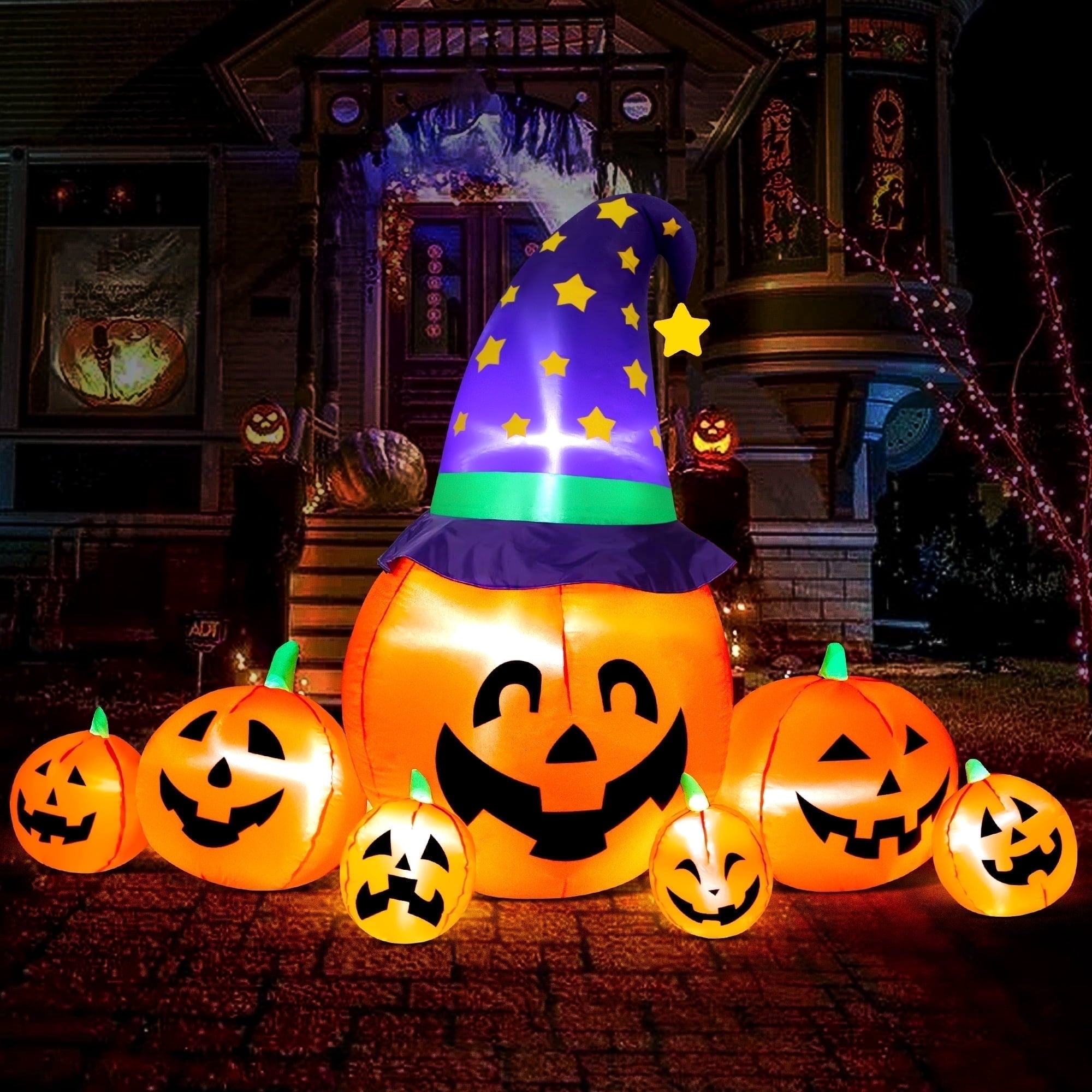 8.7ft Halloween Inflatables Pumpkins 7 Blow Up Decor with Witches Hat, Built-in LED Lights for Halloween Party, Yard, Garden, Lawn