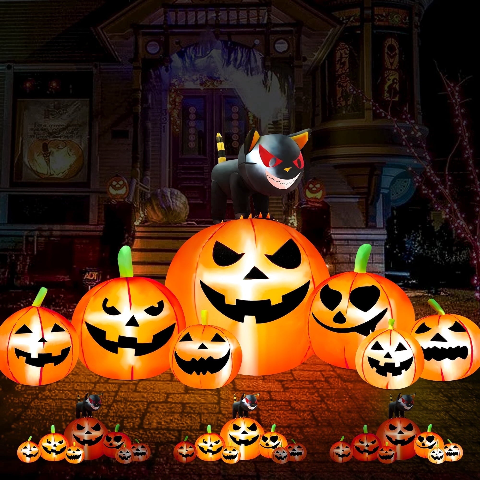 Spooky Yard™ 8.7ft Halloween Inflatables Pumpkins 7 Blow Up Decor with Witches Hat, Built-in LED Lights