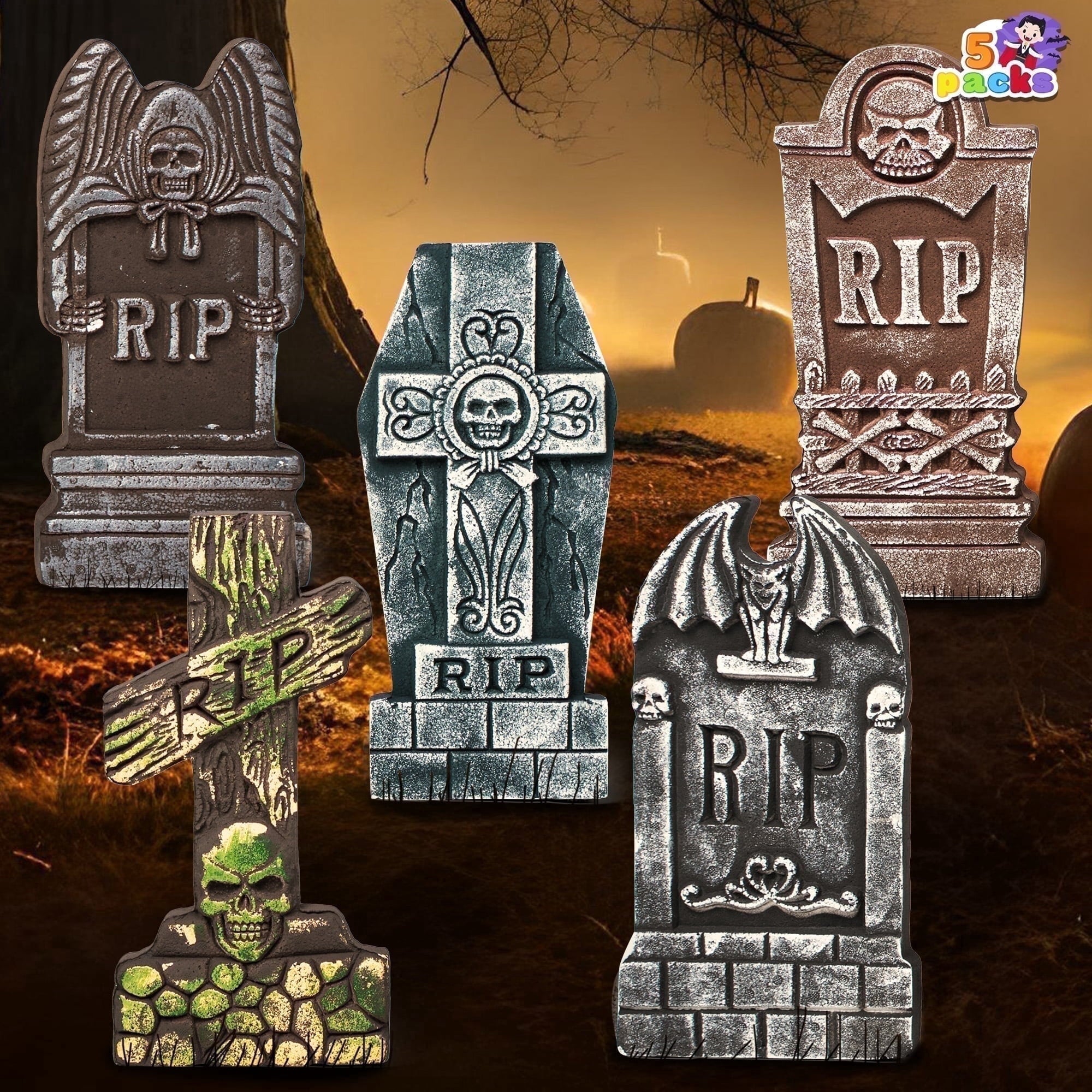 17" Halloween 5 Pack Tombstone Decorations, Foam RIP Graveyard Signs Cemetery Headstones Scary Outdoor Indoor Halloween Decor with 12 Metal Stakes for Easy Set Up, Waterproof for Garden Lawn