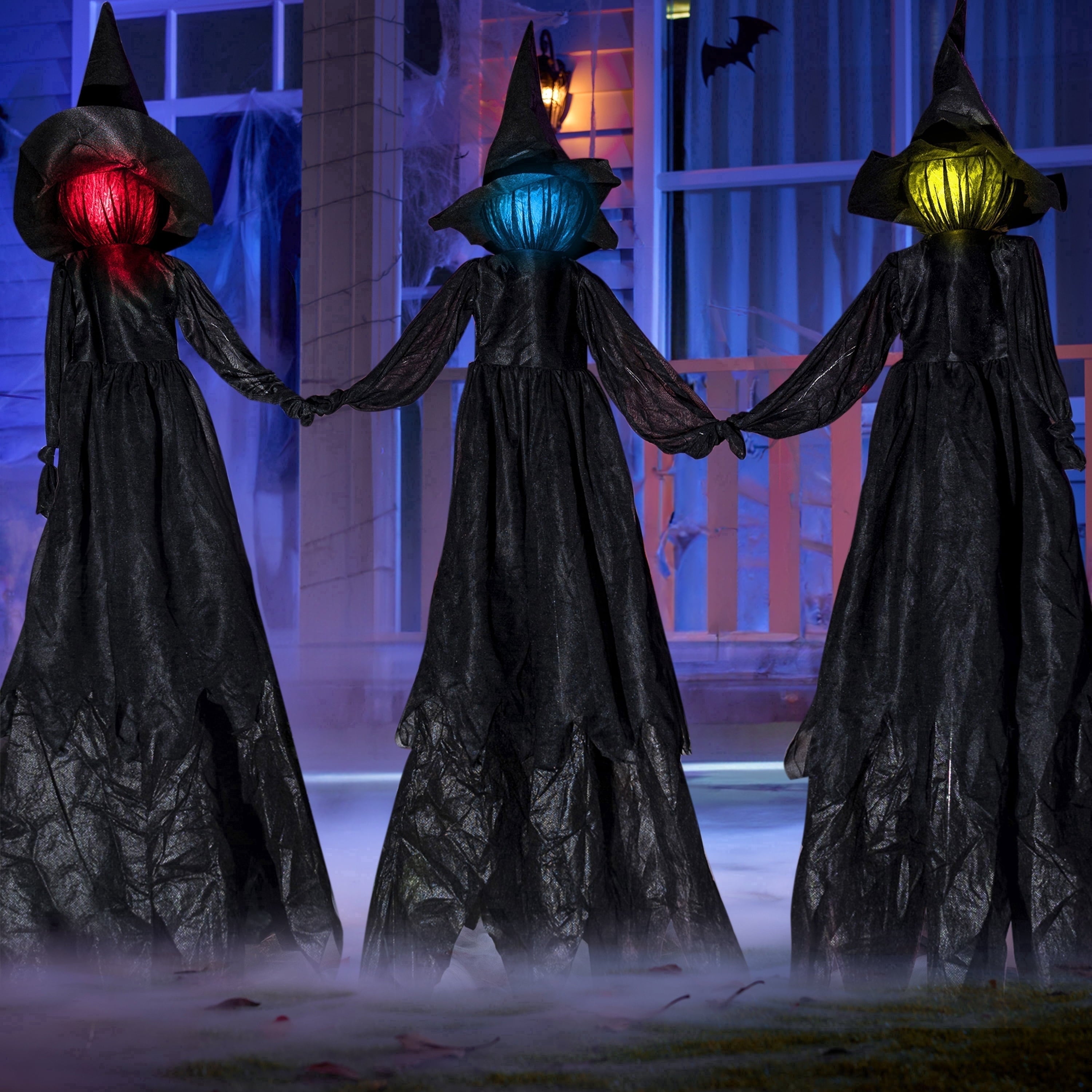 3 Pack Witches Halloween Decorations Outdoor, 51" Sound Activated Light Up Flying Witch Stakes with Color Changing Face & Creepy Sound, Life Size Halloween Props for Lawn Grave Party