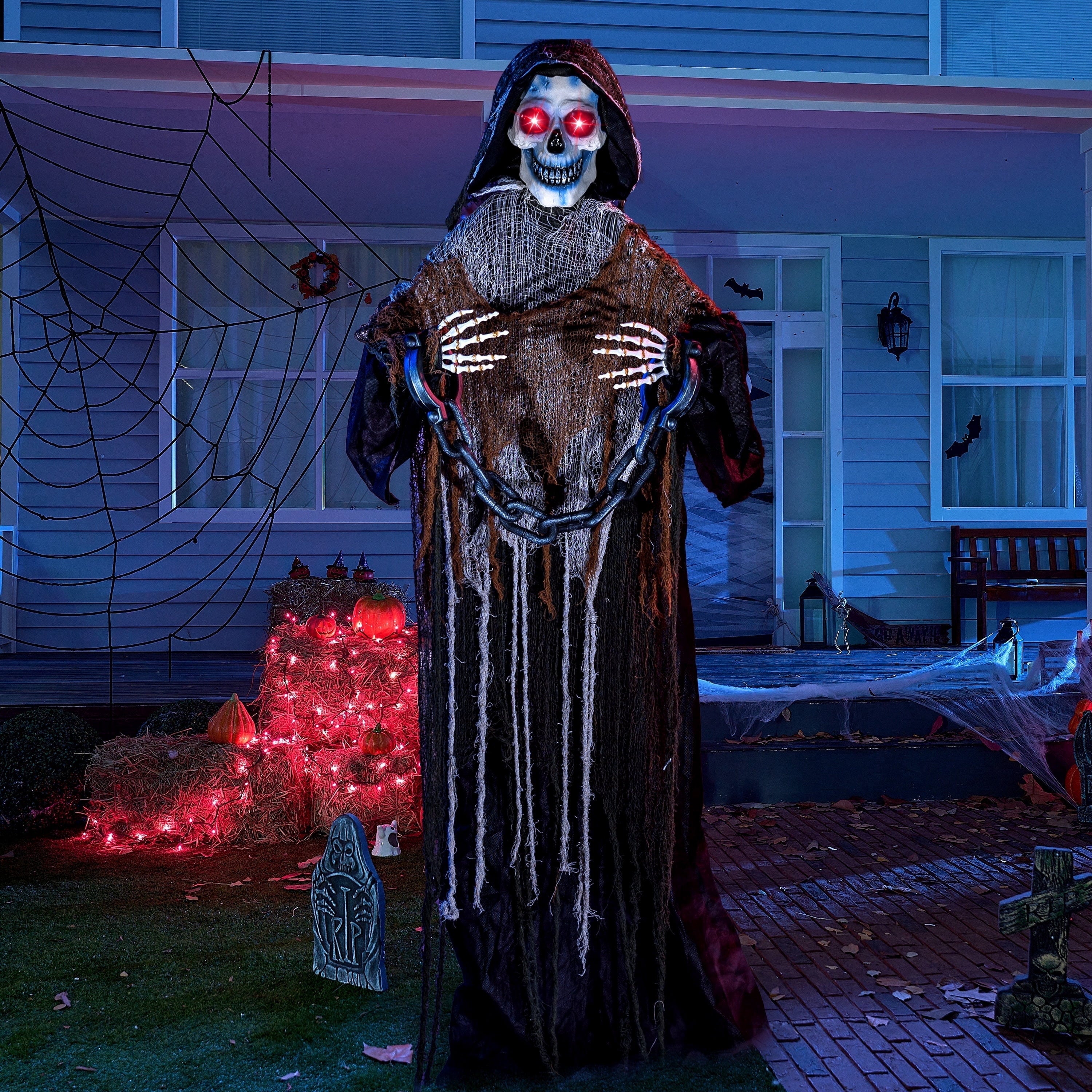 67" Standing Grim Reaper with Chain, Large Halloween Decorations Outdoor, Life Size Animatronics Skelton, Sound-Actived Party Decor with Creepy Sound & LED Eyes, Scary Haunted House Props