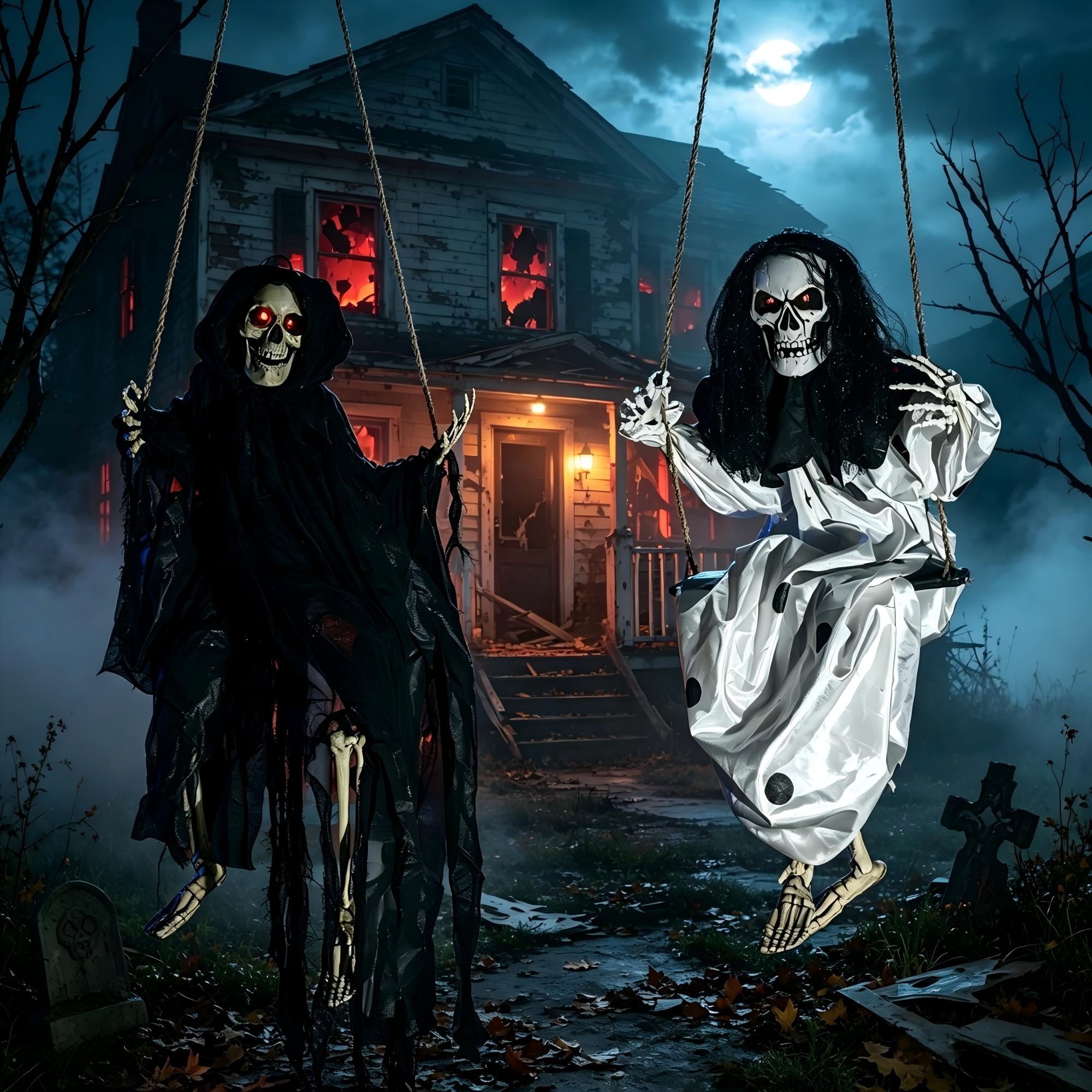 2 Packs Halloween Decorations Outdoor Hanging Swinging Skeleton Ghosts,3 ft Light Up Creepy Grim Reaper Decorations for Halloween Hanging Decorations Indoor Outdoor Yard