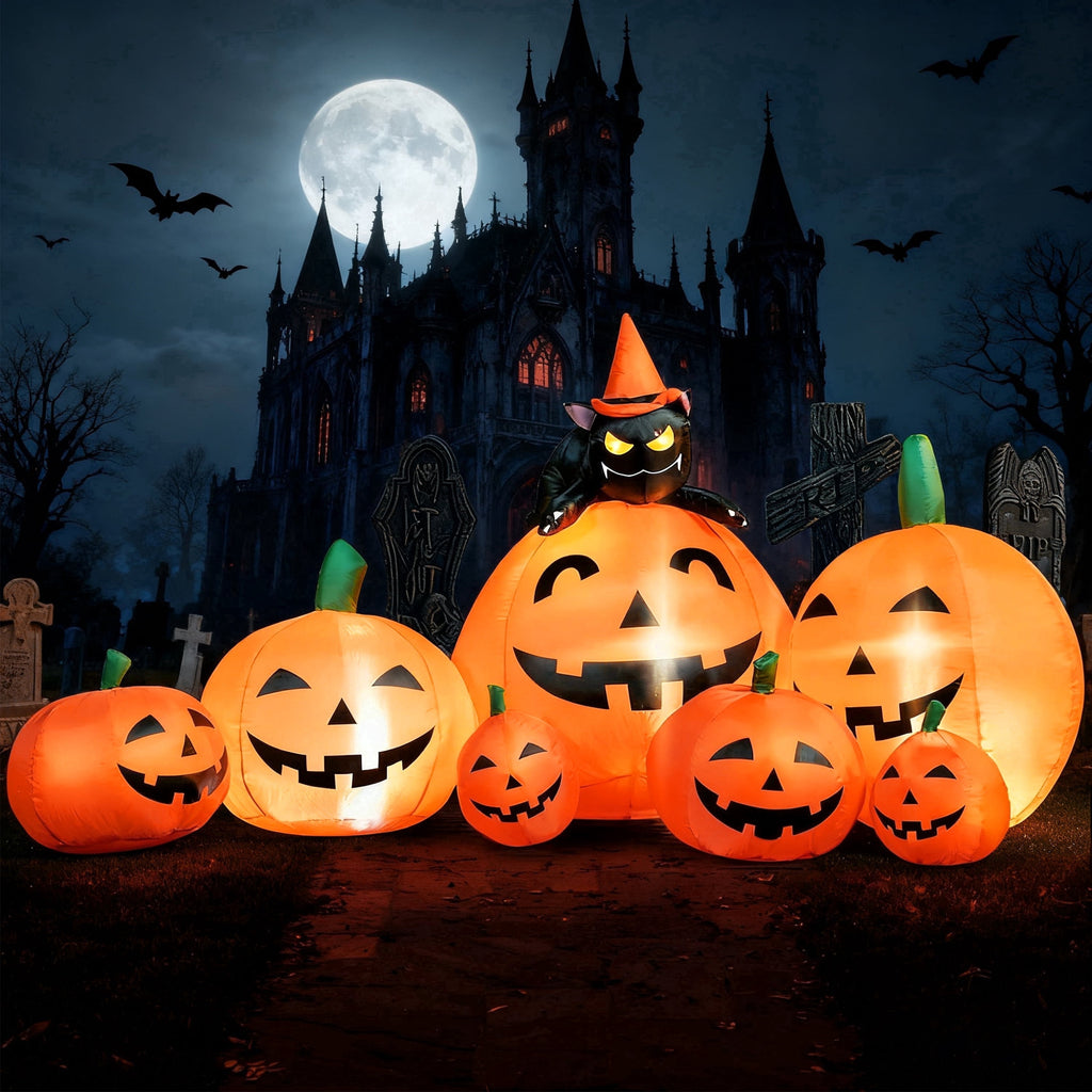 7 ft Halloween Inflatable Long Pumpkin with Witch's Cat Decorations Inflatables with Build-in LEDs,Halloween Decor Outdoor Blow Up Yard Decorations
