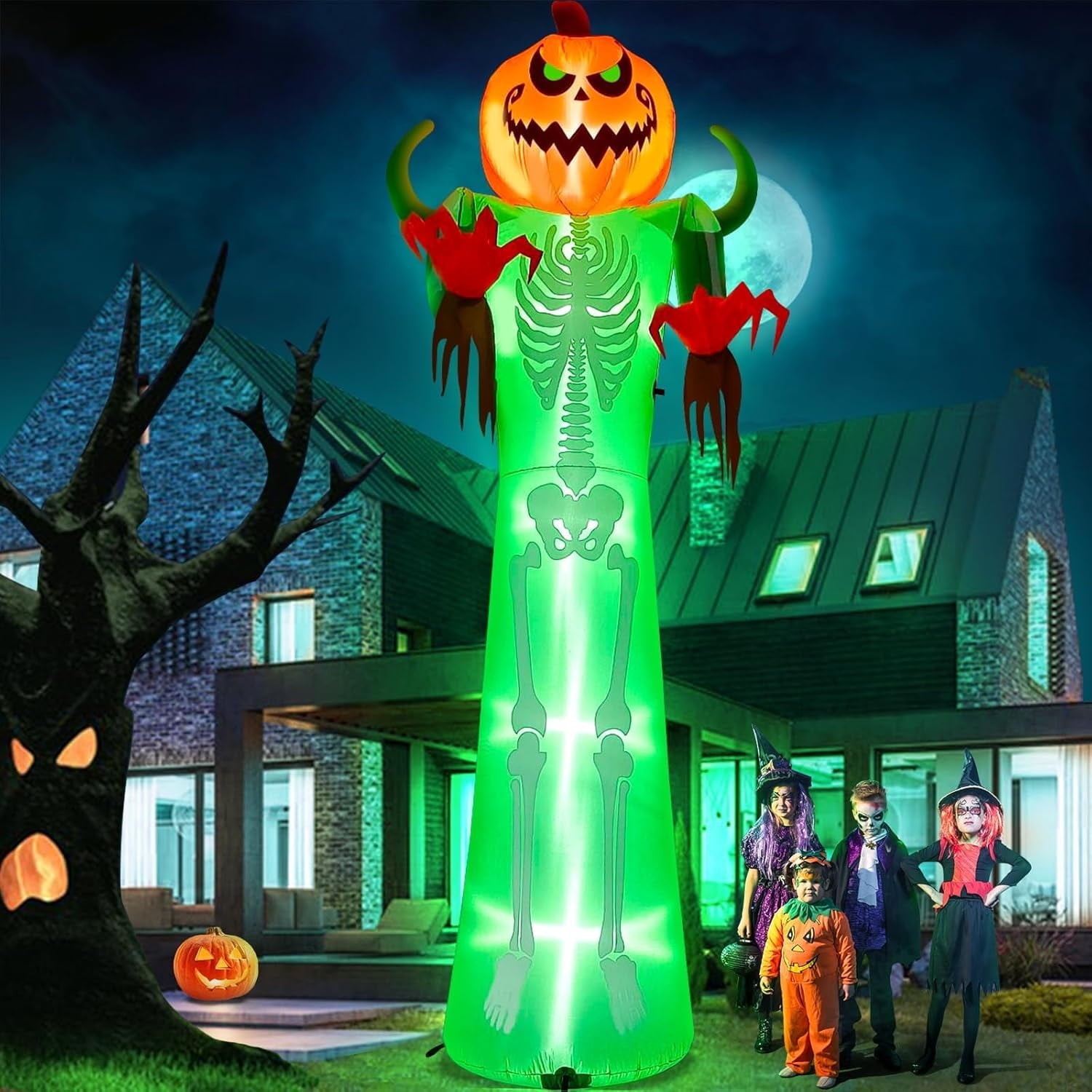 12FT Halloween Inflatable with LED Lights  Giant Pumpkin & Skeleton Outdoor Decoration for Yard, Lawn, Home, & Party  Scary Blow-Up Halloween Holiday Decor