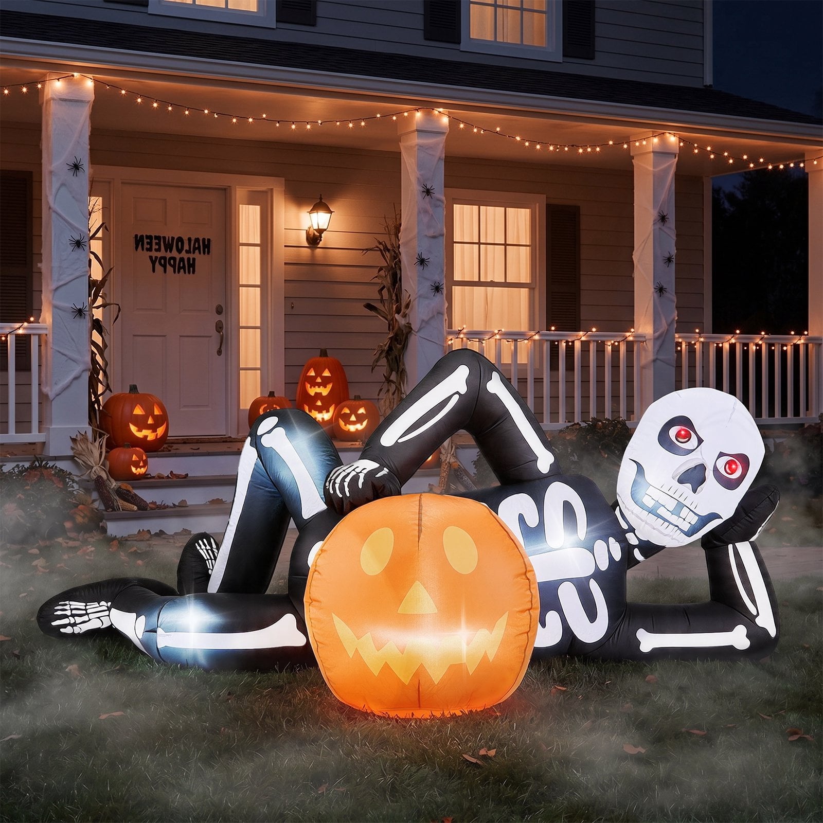 7' Halloween Inflatables Skeleton Outdoor Halloween Decoration Reclining Skeleton with Pumpkin,Built-In LED Lights