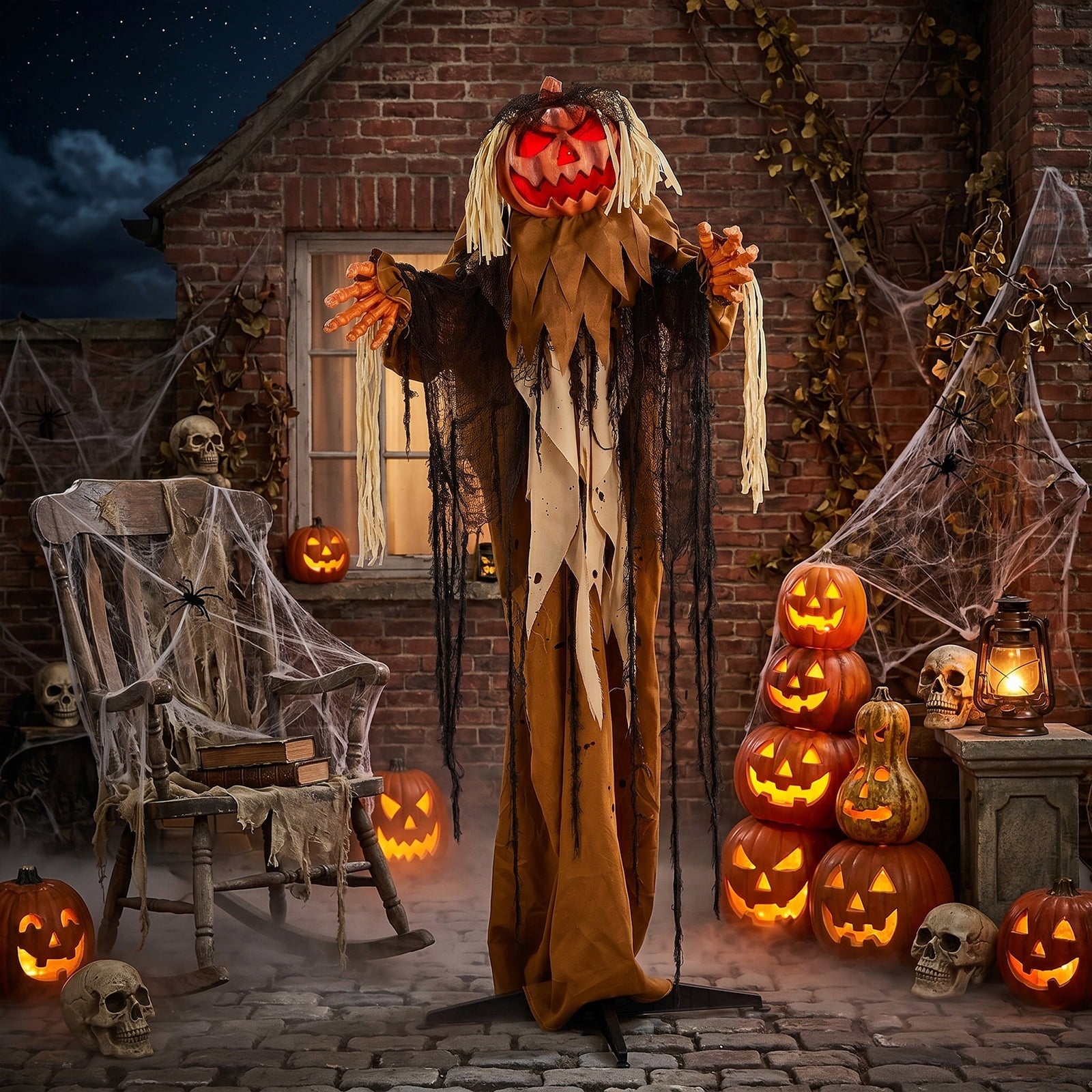 Spooky Yard™ 6ft Pumpkin Man Animated Animatronic Decoration Creepy Halloween w/ Classic Cape Creepy Cloaked Jack-o'-Lantern