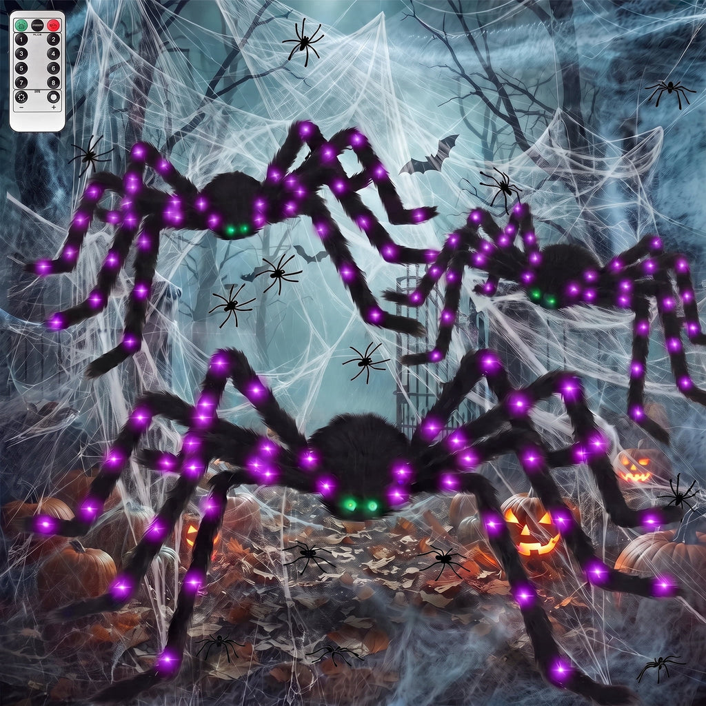 Halloween Spider Decorations Set, 5FT and 2 Pack 4FT Lighted Giant Spider Decorations for Halloween Party Indoor Outdoor Yard Home Decor