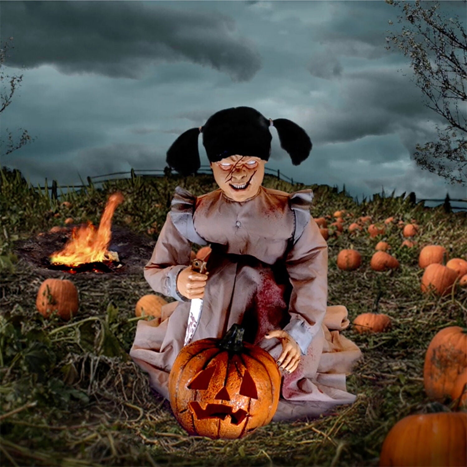 Lunging Pumpkin Carver Zombie Girl with Jack O'Lantern by Tekky, 3.2 ft Premium Talking Halloween Animatronic, HHPMPCVR-FLSA