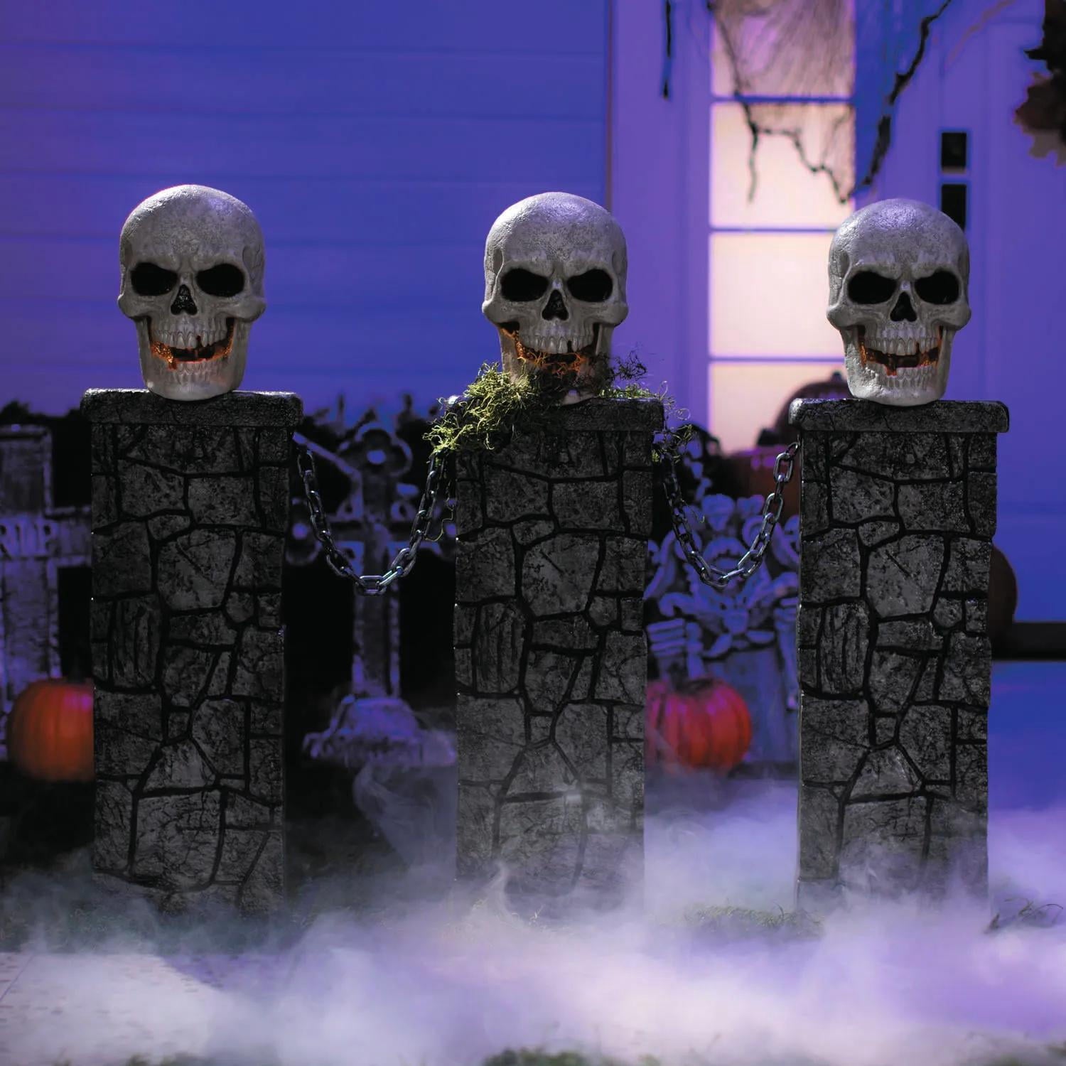 4 Ft. x 3 Ft. Light-Up Skull Pedestal Fence with Chains Halloween Decoration