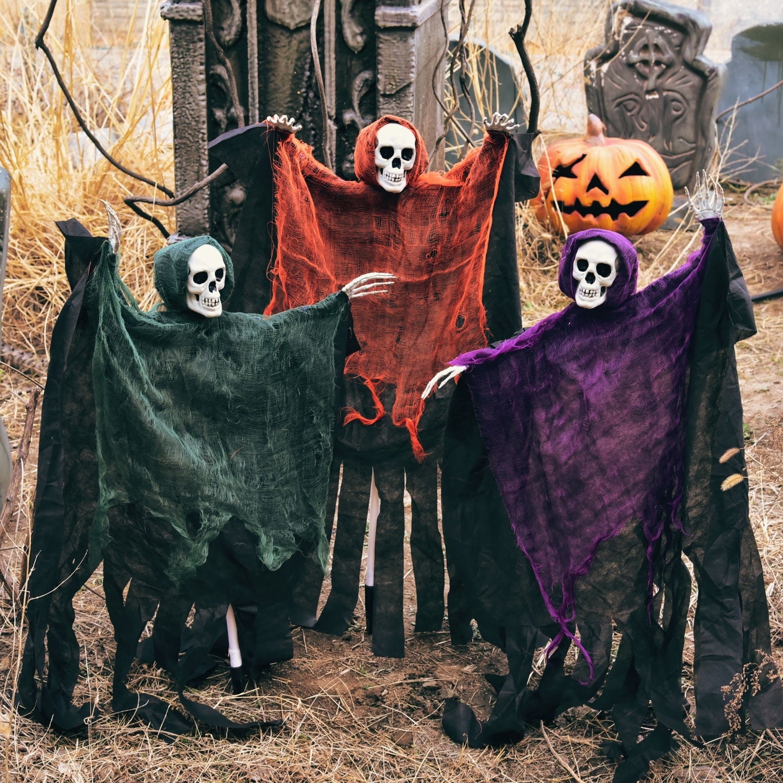 Nifti Nest Halloween Skeleton, 3 Pcs Ghost Decorations, Halloween Props, Halloween Yard Decorations, Black,Green,Red