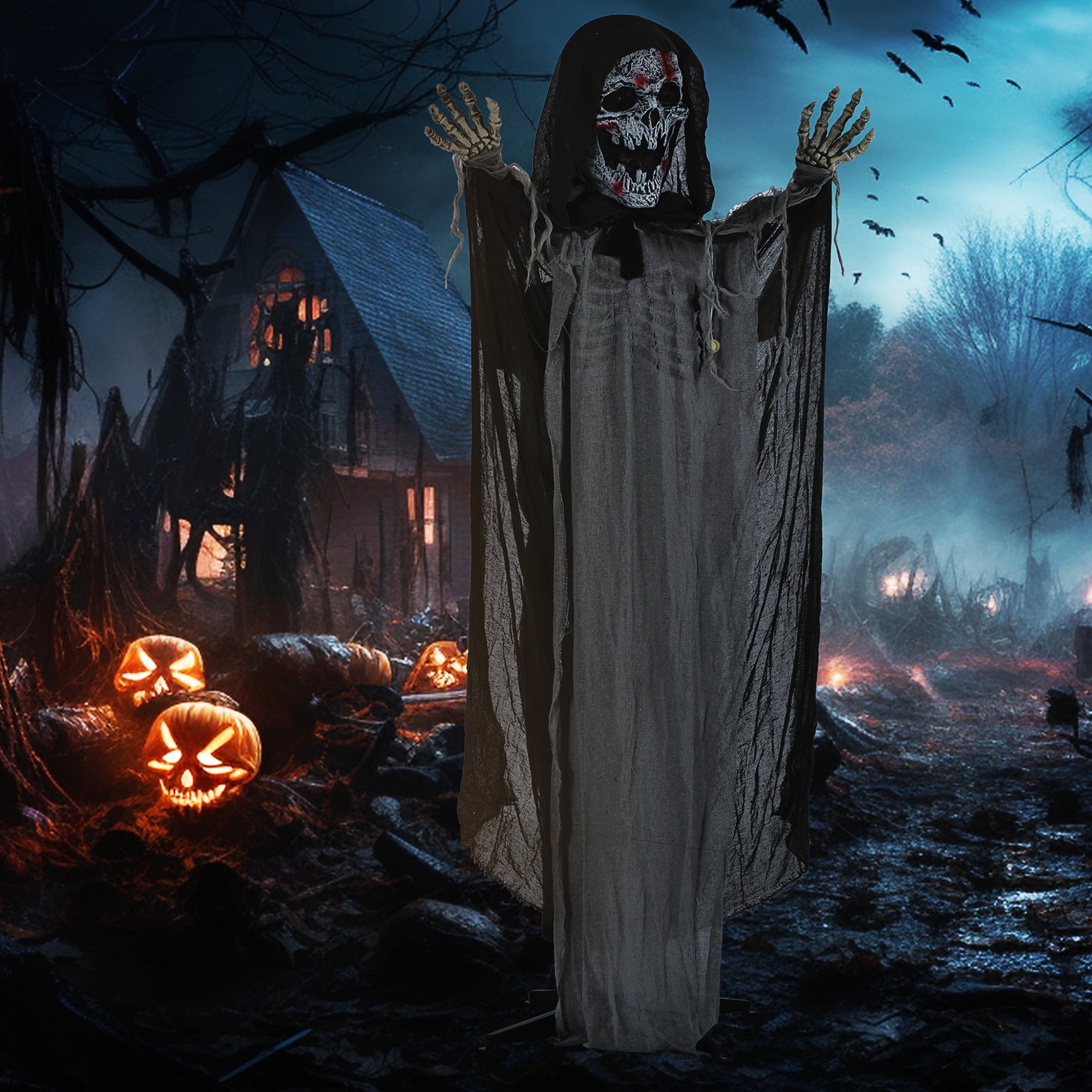 Outsunny 74" Life Size Outdoor Halloween Decorations Skeleton Witch, Animated Prop Animatronic Decor with Sound and Motion Activated, Light Up Eyes and Chest, Howling and Chain Sound
