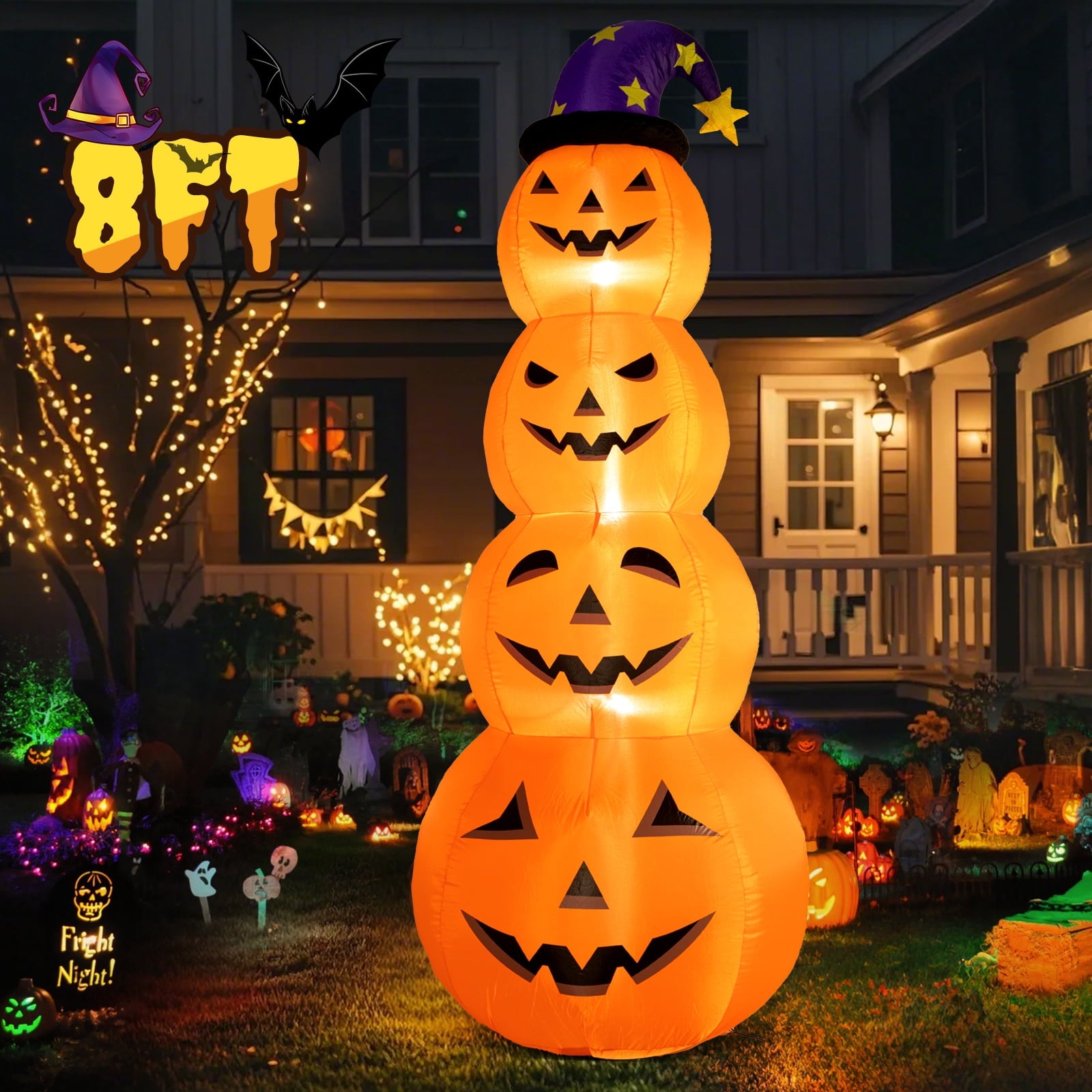 Spooky Yard™ 8 ft Halloween Pumpkin Stack Inflatable Decoration with Witch Hat, Lighted