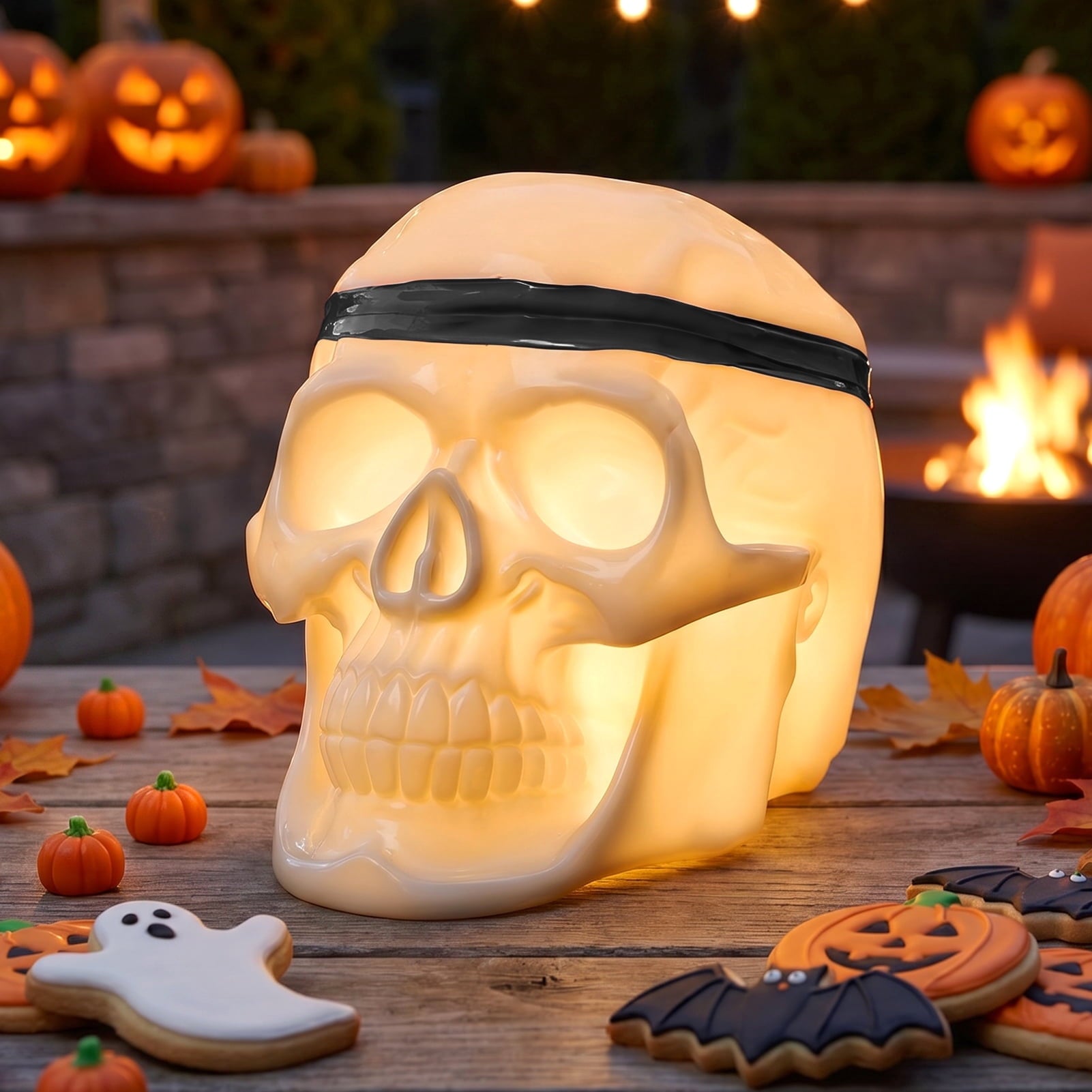 Postlucky 7.5" 8-Color Dimmable LED Skull Light, Halloween Outdoor Skeleton Decor Lamp, 3 AA Battery Powered, Black Strip Accessory