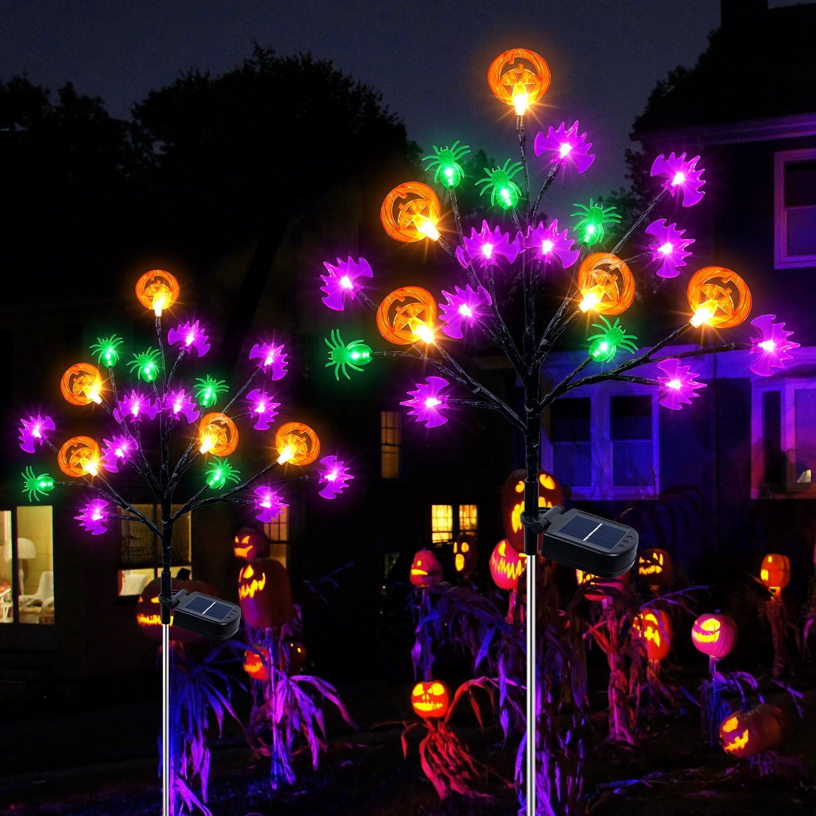 2 packs 40 LED Solar Halloween Lights, 2 Modes Halloween Bats Spiders Pumpkin Lights for Outdoor Decorations, Waterproof Stakes for Garden Yard Pathway Walkway