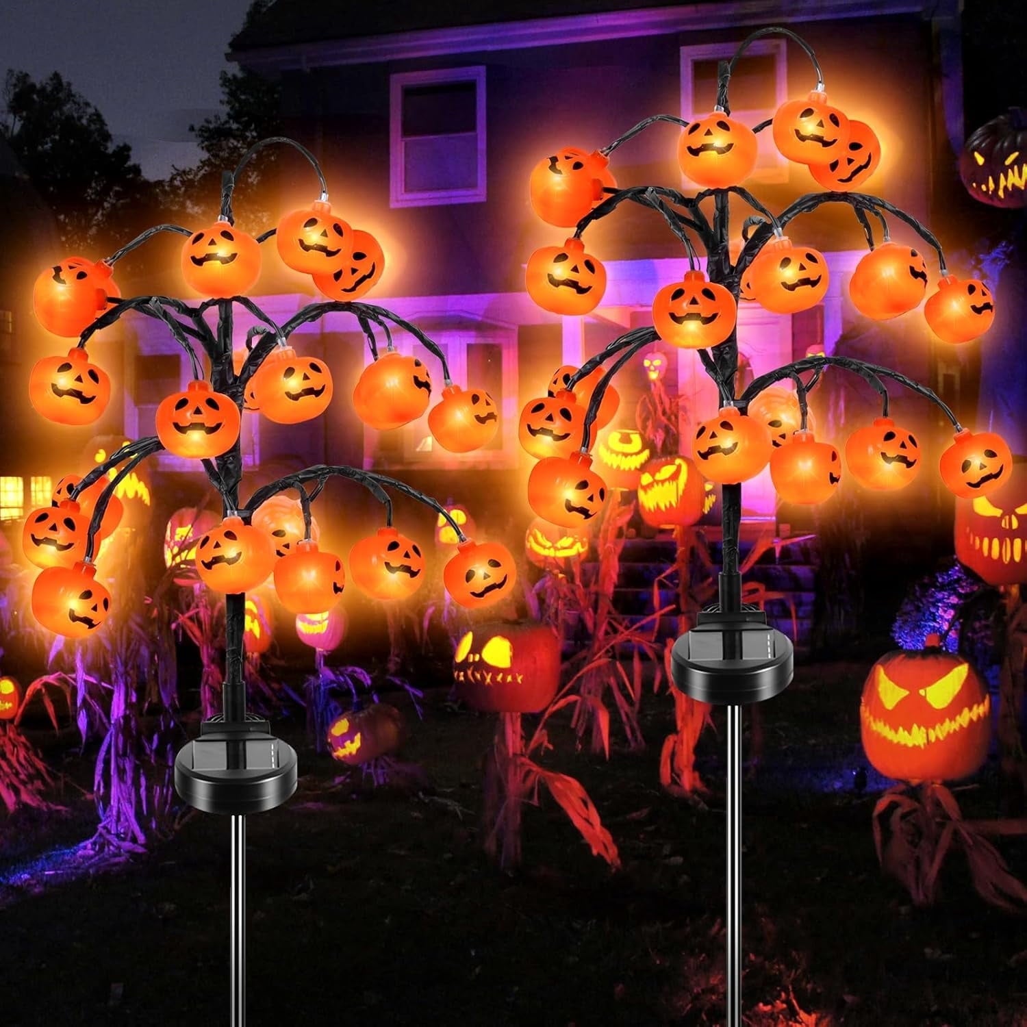 2 packs 40 LEDs Solar Halloween Pumpkin Stake Lights, 2 Modes Outdoor Waterproof Halloween Decorations, Solar Halloween Lights Stakes for Garden Yard Pathway